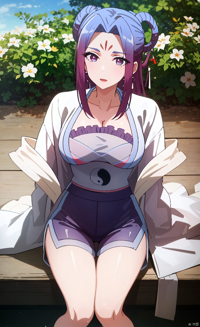 Flying Immortal Hair Knot,, earrings,
hair bun, double bun, forehead mark, yin yang,Red hairpin,
A girl with long hair, purple hair, bangs, split bangs, purple eyes, long split bangs, three vertical lines on her forehead, hairpin, red hairpin,
T-shirt short sleeved, summer short sleeved, long pants, sports shoes,T-shirt short sleeved, summer short sleeved, pants, sports shoes, jacket, thick jacket, wearing jacket,