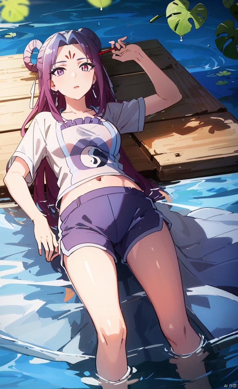 Flying Immortal Hair Knot,, earrings,
hair bun, double bun, forehead mark, yin yang,Red hairpin,
A girl with long hair, purple hair, bangs, split bangs, purple eyes, long split bangs, three vertical lines on her forehead, hairpin, red hairpin,
Lying in the middle of the water, lying on my back in the middle of the water, lying on my back in the water, lotus flowers, lotus leaves, ripples of water, my whole body looks like, my whole body, bare feet, bare legs, clothes soaked, T-shirt short sleeved, summer short sleeved, summer shorts, shorts,