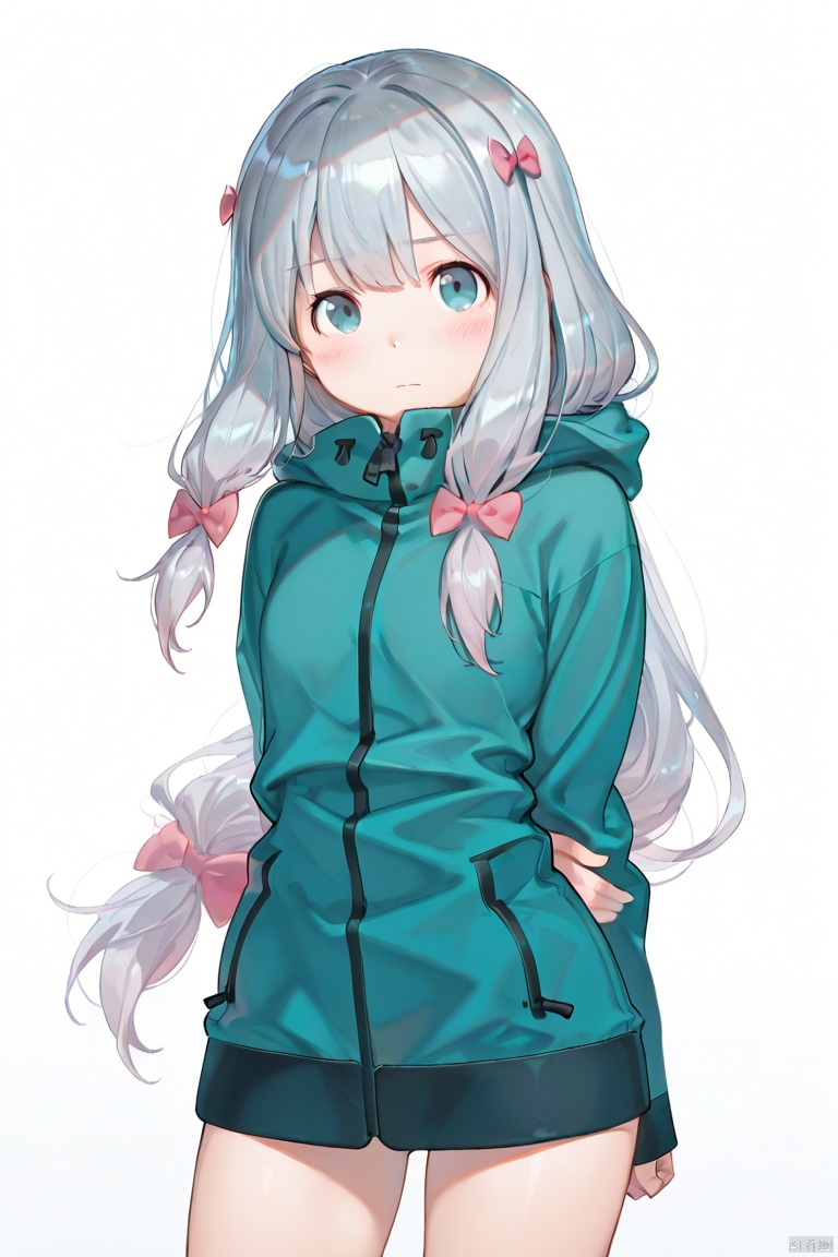 masterpiece, best quality, high quality, Izumi Sagiri \(Eromanga Sensei\), 1girl, solo, long hair, looking at viewer, blush, blue eyes, simple background, white background, bow, closed mouth, standing, jacket, hair bow, grey hair, cowboy shot, gradient, gradient background, arms behind back, pink bow,