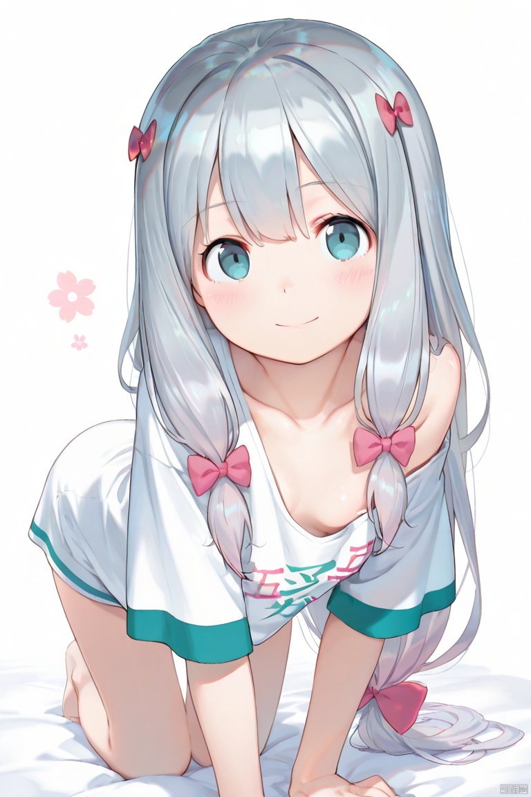 masterpiece, best quality, high quality, Izumi Sagiri \(Eromanga Sensei\), 1girl, solo, long hair, breasts, looking at viewer, blush, smile, bangs, blue eyes, shirt, white background, bow, very long hair, closed mouth, collarbone, white shirt, short sleeves, hair bow, grey hair, multicolored hair, small breasts, off shoulder, pink bow, all fours, t-shirt, clothes writing, loli, open clothes,