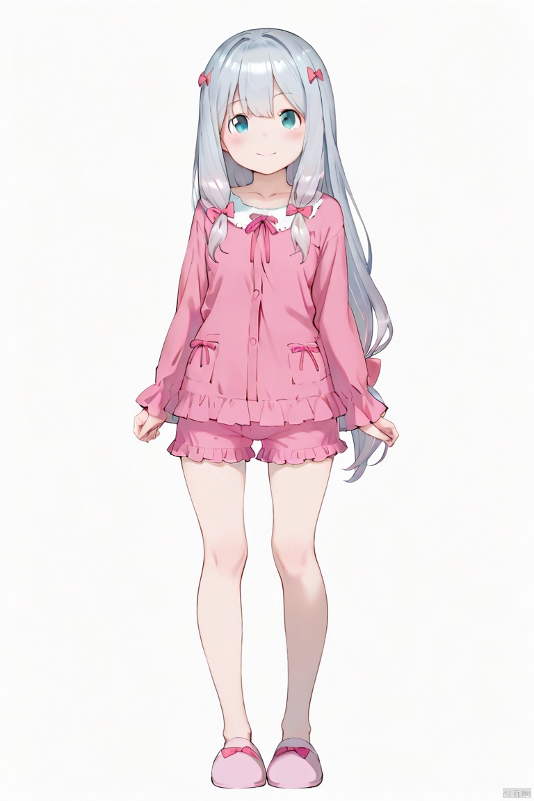 masterpiece, best quality, high quality, Izumi Sagiri \(Eromanga Sensei\), 1girl, solo, long hair, looking at viewer, blush, smile, bangs, blue eyes, simple background, shirt, long sleeves, white background, bow, ribbon, very long hair, closed mouth, standing, collarbone, full body, hair bow, grey hair, frills, shorts, pink bow, low-tied long hair, pink shirt, pajamas, slippers, pink shorts, frilled shorts,