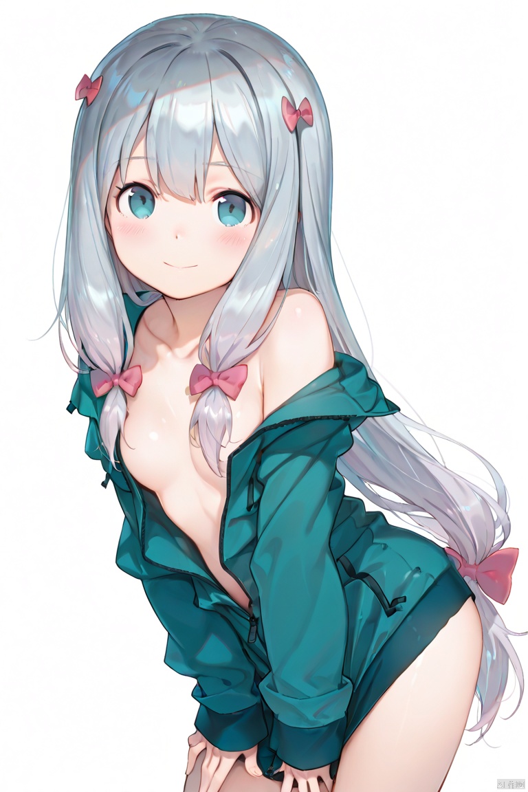 masterpiece, best quality, high quality, Izumi Sagiri \(Eromanga Sensei\), 1girl, solo, long hair, looking at viewer, blush, smile, bangs, blue eyes, white background, bow, very long hair, hair bow, grey hair, pink bow, open clothes,