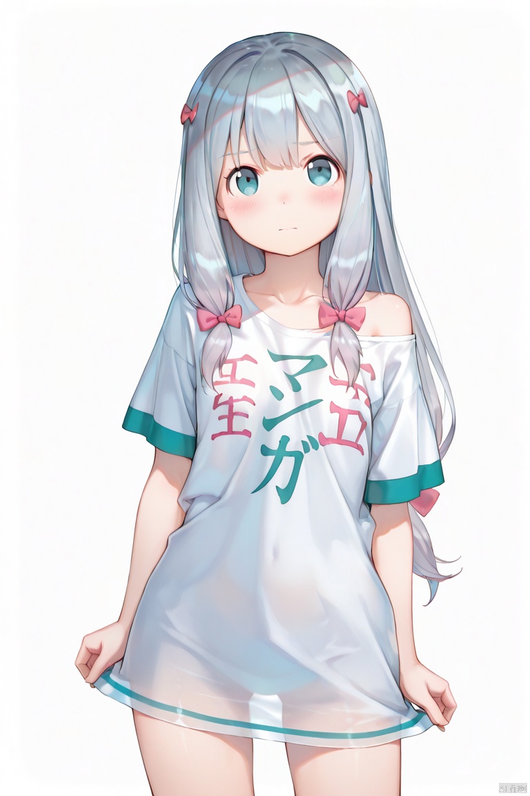 masterpiece, best quality, high quality, Izumi Sagiri \(Eromanga Sensei\), 1girl, solo, long hair, looking at viewer, blush, bangs, blue eyes, simple background, shirt, white background, bow, closed mouth, standing, collarbone, white shirt, short sleeves, hair bow, grey hair, cowboy shot, off shoulder, see-through, pink bow, t-shirt, clothes writing,