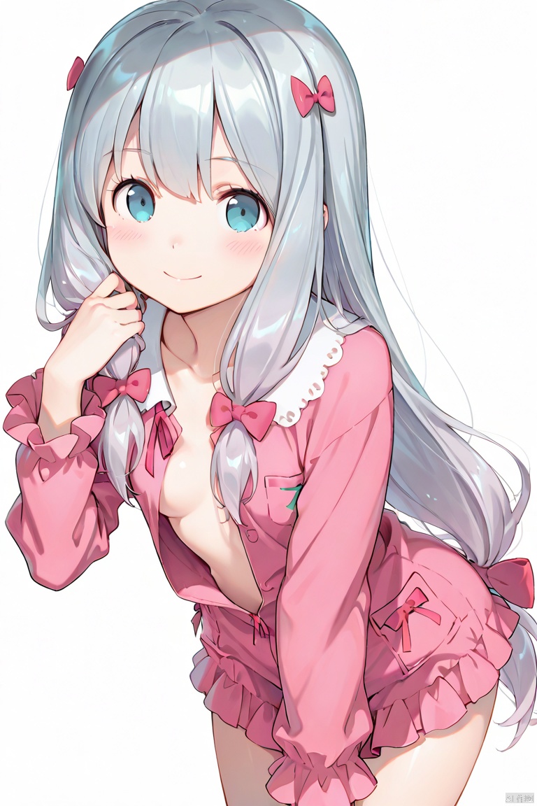 masterpiece, best quality, high quality, Izumi Sagiri \(Eromanga Sensei\), 1girl, solo, long hair, looking at viewer, blush, smile, bangs, blue eyes, white background, bow, very long hair, hair bow, grey hair, pink bow, open clothes,