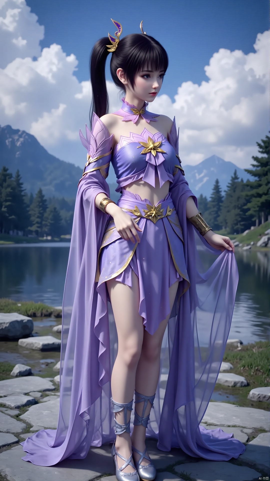 A woman with long black hair, wearing a purple dress decorated with gold. Perfect body. In the facial lens, her clothes are decorated with purple bows, purple dresses, and purple scarves. Her shoes were decorated with silver straps, adding a touch of color to her clothes. The woman's hair is tied into a ponytail and she wears a golden crown. She stood on a gray stone surface with a lake and trees in the background. The distant mountains are clearly visible. The sky is deep blue, dotted with white clouds.