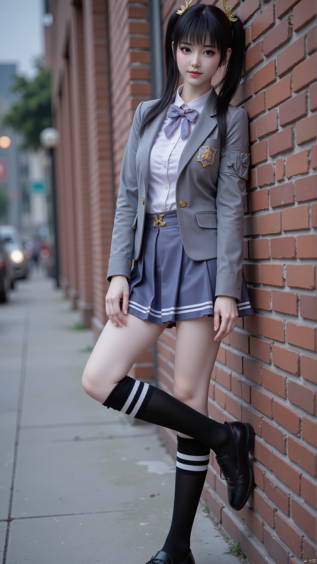 1 girl, solo singing. dual horsetail. Medium chest, black hair, long legs. Looking happily at the camera. Long hair, chest, looking at the audience, bangs, black eyes, skirt, shirt, long sleeves, long hair, school uniform, jacket, full body, white button up shirt, pleated skirt, shoes, stripes, mini skirt, tie, black shoes, black knee high socks, with white stripes on the sock mouth. Bow, sports jacket, loafers, striped bow, gray jacket, blue tie, striped tie.
Her posture is very playful, with one leg slightly bent and leaning against the brick wall. The urban environment complements her avant-garde and feminine style, highlighting her youthful vitality and charming elegance. Composition from different angles.
Masterpiece, best quality, high quality, (colorful)