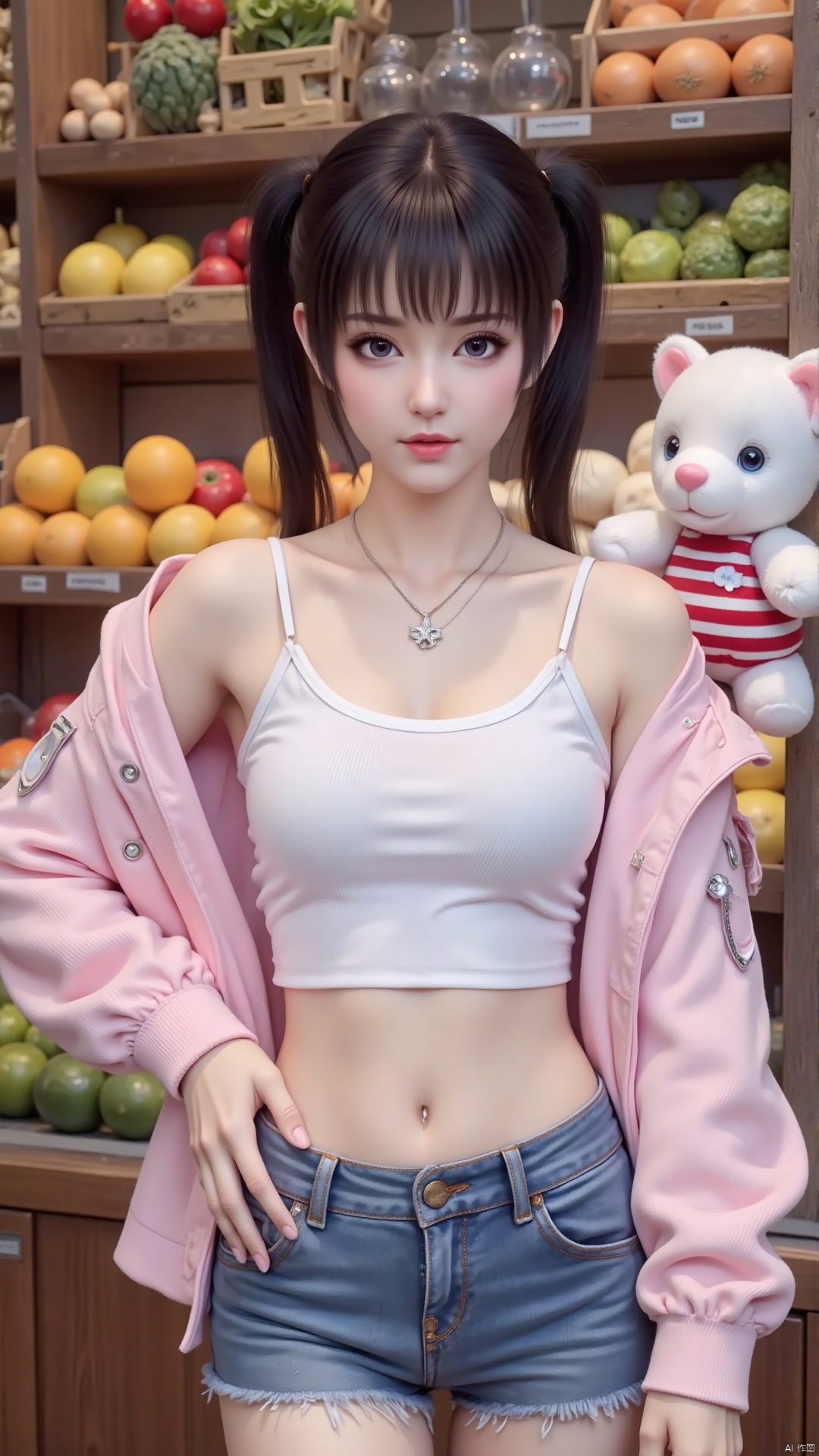 A girl with a black head and a double ponytail, wearing a white vest and blue denim shorts. Pink jacket jacket. Liu Hai. Show your waist. A faint smile. Navel. She is wearing a silver necklace and a silver pendant. Her eyes are deep blue. Added a touch of color to the scene. On her right, a white plush toy with red and white stripes was placed on her shoulder. In the background, a shelf is filled with various fruits and vegetables.