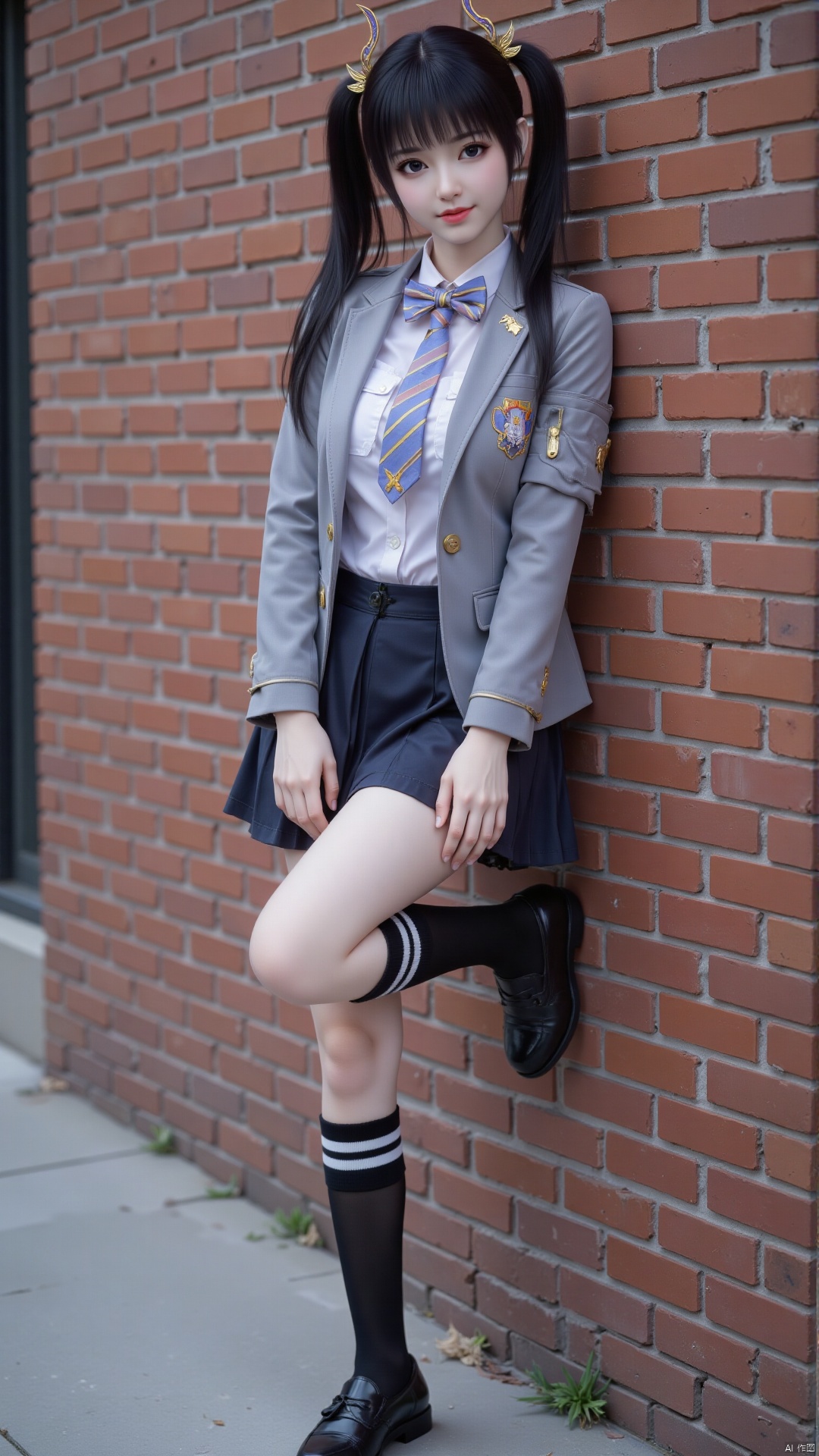 1 girl, solo singing. dual horsetail. Medium chest, black hair, long legs. Looking happily at the camera. Long hair, chest, looking at the audience, bangs, black eyes, skirt, shirt, long sleeves, long hair, school uniform, jacket, full body, white button up shirt, pleated skirt, shoes, stripes, mini skirt, tie, black shoes, black knee high socks, with white stripes on the sock mouth. Bow, sports jacket, loafers, striped bow, gray jacket, blue tie, striped tie.
Her posture is very playful, with one leg slightly bent and leaning against the brick wall. The urban environment complements her avant-garde and feminine style, highlighting her youthful vitality and charming elegance. Composition from different angles.
Masterpiece, best quality, high quality, (colorful)
