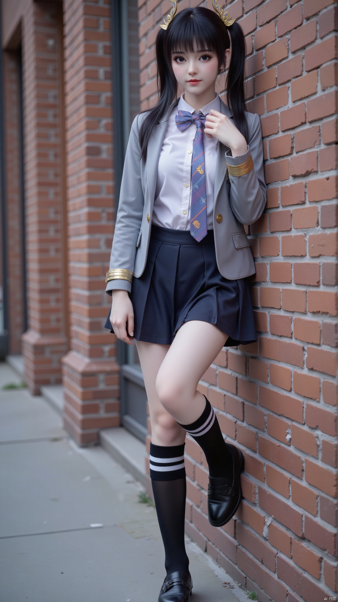 1 girl, solo singing. dual horsetail. Medium chest, black hair, long legs. Looking happily at the camera. Long hair, chest, looking at the audience, bangs, black eyes, skirt, shirt, long sleeves, long hair, school uniform, jacket, full body, white button up shirt, pleated skirt, shoes, stripes, mini skirt, tie, black shoes, black knee high socks, with white stripes on the sock mouth. Bow, sports jacket, loafers, striped bow, gray jacket, blue tie, striped tie.
Her posture is very playful, with one leg slightly bent and leaning against the brick wall. The urban environment complements her avant-garde and feminine style, highlighting her youthful vitality and charming elegance. Composition from different angles.
Masterpiece, best quality, high quality, (colorful)