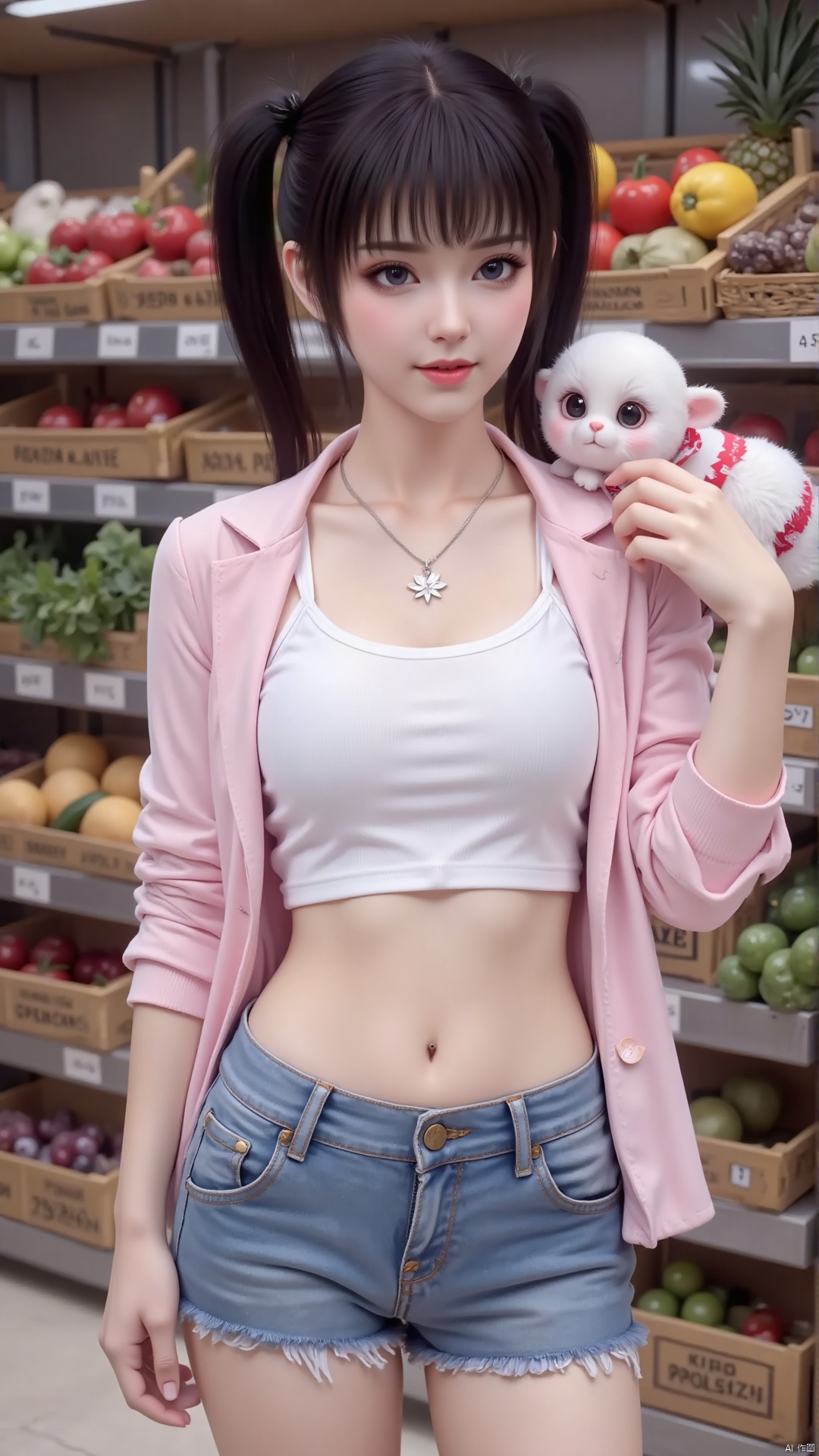 A girl with a black head and a double ponytail, wearing a white vest and blue denim shorts. Pink jacket jacket. Liu Hai. Show your waist. A faint smile. Navel. She is wearing a silver necklace and a silver pendant. Her eyes are deep blue. Added a touch of color to the scene. On her right, a white plush toy with red and white stripes was placed on her shoulder. In the background, a shelf is filled with various fruits and vegetables.