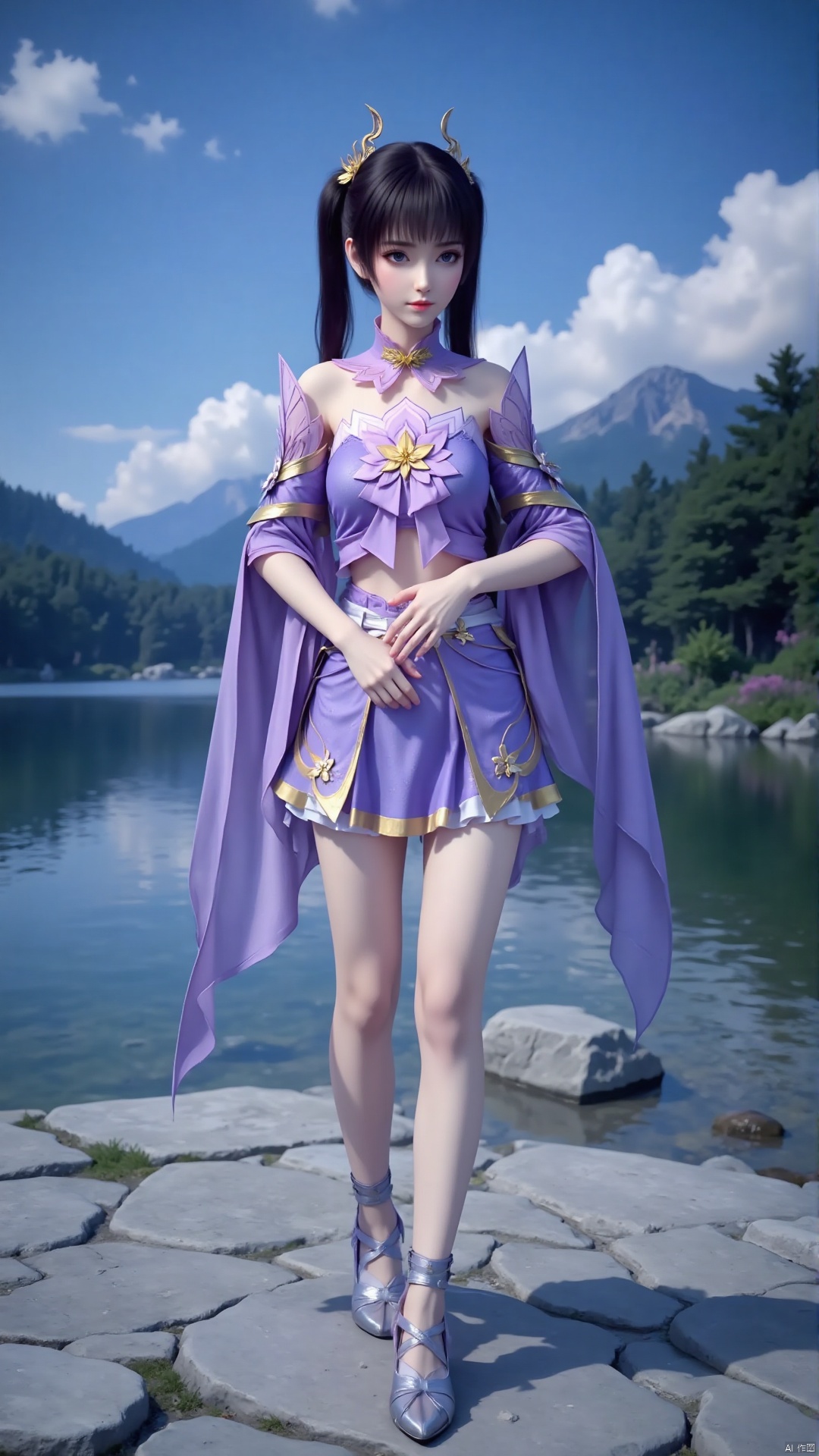 A woman with long black hair, wearing a purple dress decorated with gold. Long and slender legs. Perfect body. In the facial lens, her clothes are decorated with purple bows, purple dresses, and purple scarves. Her shoes were decorated with silver straps, adding a touch of color to her clothes. The woman's hair is tied into a ponytail and she wears a golden crown. She stood on a gray stone surface with a lake and trees in the background. The distant mountains are clearly visible. The sky is deep blue, dotted with white clouds.