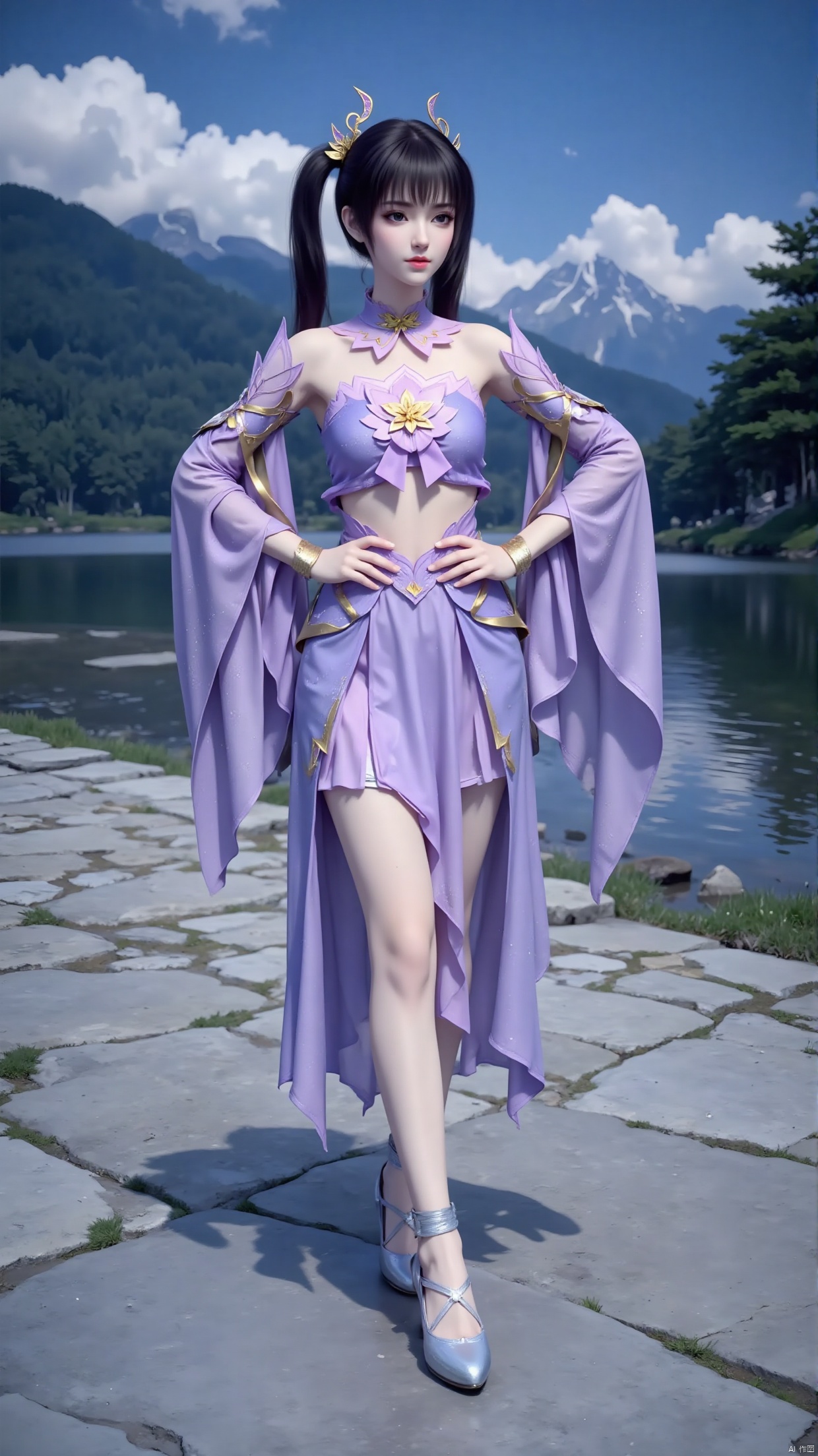 A woman with long black hair, wearing a purple dress decorated with gold. Perfect body. In the facial lens, her clothes are decorated with purple bows, purple dresses, and purple scarves. Her shoes were decorated with silver straps, adding a touch of color to her clothes. The woman's hair is tied into a ponytail and she wears a golden crown. She stood on a gray stone surface with a lake and trees in the background. The distant mountains are clearly visible. The sky is deep blue, dotted with white clouds.