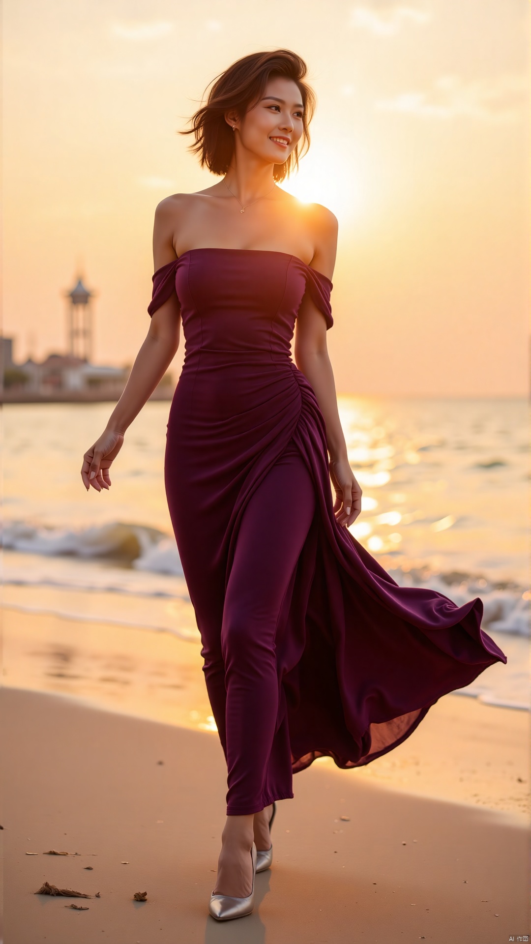 The setting sun casts its glow all over the beach by the sea. A tall naturalistic female is strolling on it. She is in a flowing off-the-shoulder long dress in dark purple, and the skirt dances gently in the wind. She is wearing stiletto heels and walking with a light and confident step. The sea breeze stirs her curly hair, and she is smiling with a free and easy look in her eyes. In the distance is the sparkling sea and the orange-red skyline. The beach, the waves and the sunset glow interweave into a dreamy background, perfectly interpreting the artistic beauty of a sexy and domineering lady, just like a beautiful scene in a movie.