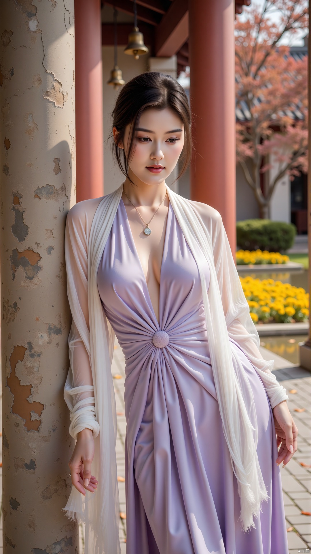 In a late autumn courtyard, a young woman in pale lavender silk gown leans against weathered stone pillar. Her right hand caresses a silver ginkgo leaf pendant, left fingertips grazing falling maple leaves. Ivory shawl slips to elbows, revealing pearl-luminous shoulders, while deep purple velvet cloak hangs loosely at her waist. Hidden iris embroidery shimmers through skirt folds with each movement. Petrichor mingles with distant bergamot incense as crimson maple shadows dance on her lowered lashes. Loose strands from disheveled bun glitter with morning dew. Behind her, vermilion pillars draped with withered vines frame crumbling steps where wild chrysanthemums bloom defiantly. Mist-veiled pond shatters golden reflections, while bronze bells on distant eaves hang motionless in frozen air.