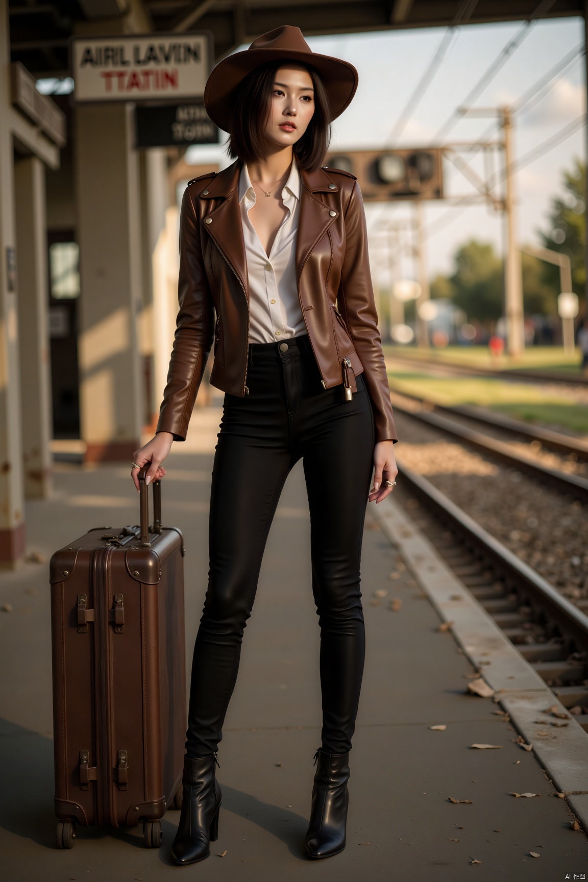 A woman stands on the platform of an abandoned train station, wearing a vintage-style brown leather jacket paired with a white shirt and black high-waisted pants, completed with ankle boots, creating a sharp and timeless look. Her pose is full of narrative, with one hand resting on an old suitcase and the other lightly touching the brim of her hat, her gaze fixed into the distance as if waiting for someone or something. The background features rusty train tracks and a weathered station sign, with the glow of the setting sun casting a cinematic atmosphere of farewell and anticipation.
