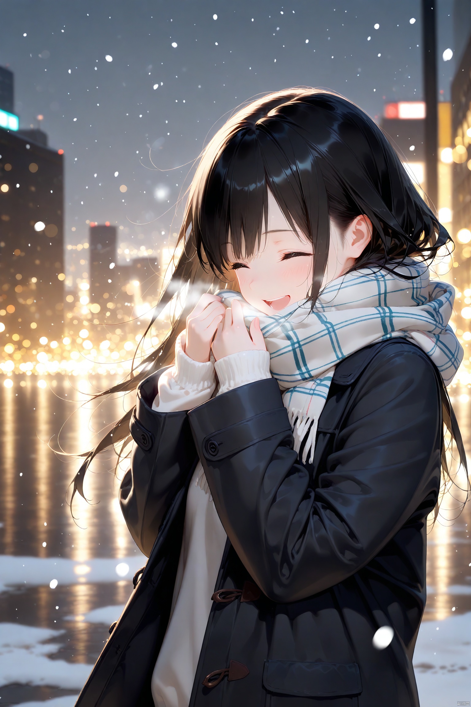 (masterpiece),(best quality),(masterpiece),(best quality),1girl, black_coat, black_hair, blurry, blurry_background, blurry_foreground, bokeh, city_lights, coat, depth_of_field, from_side, jacket, lens_flare, long_hair, long_sleeves, laughing, motion_blur, outdoors, scarf, snow, snowing, solo, upper_body