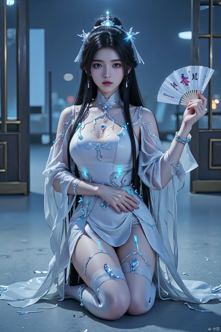 1girl,solo,long hair,black hair,thighhighs,whit dress,underwear,spread legs,One handed support on the ground,hair bun,double bun,hand fan,architecture,east asian architecture,splits,luminous dress, luminous accessories, luminous bracelets, high ponytail, night, science fiction scene,luxueqi,Animation style,shiny pantyhose