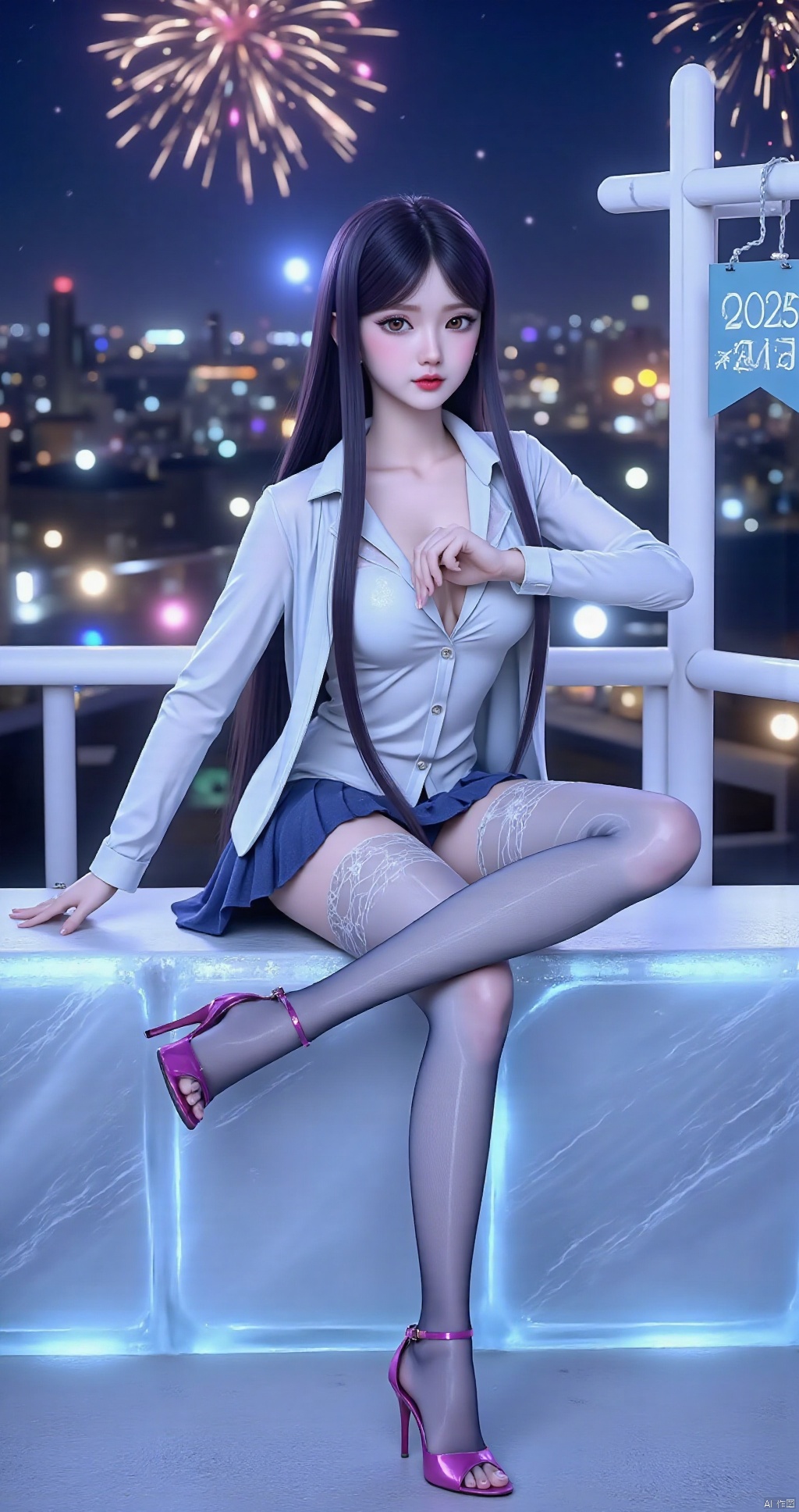 Masterpiece,High quality,High detail,scores_9_up,scores_8_up,scores_7_up,32k,bolster,1girl, solo, long hair,Black hair,Whole body, looking at viewer, blush, bangs,huge breasts,((Cleavage)),shirts,Cleavage,suits,Short skirt,skirt, lace_stockings,Translucent,Women in the workplace,Outdoor,Beautiful legs,High heels,Exquisite_high heels,squatting,snowscape,Ice sculpture world,,Beautiful scenery,shiny pantyhose,from_front,Night view,Lights,Fireworks,Fireworks and sparks write “2025 Happy New Year”,Banners,Slogans,