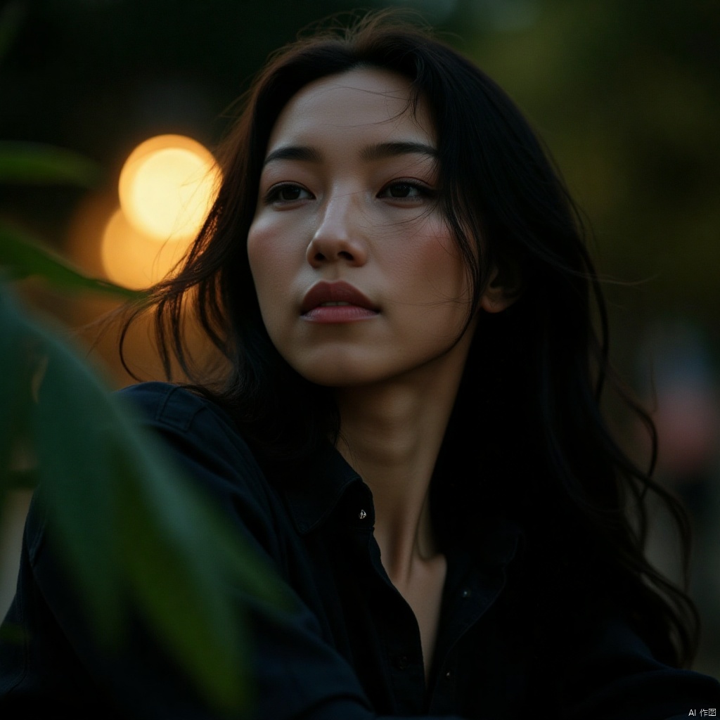  (RAW photo, 4k, realistic, exquisitely detailed skin),masterpiece,best quality,unity 8k wallpaper,ultra detailed,cinematic look,natural skin texture,extremely realistic skin texture,finely detailed face,(film grain:1.2),cinematic angle,Fujifilm XT3,,(highlydetailed),(bright scene),(A serene portrait of a stunning woman, gazing directly into the lens with an air of detachment, her piercing eyes seemingly oblivious to the viewer's presence. Soft, natural lighting casts a warm glow on her porcelain skin, while her raven tresses cascade down her back like a waterfall of night. Her lips, painted a subtle crimson, curve into a gentle, enigmatic smile, hinting at secrets kept behind an impenetrable facade.),(detailed lighting),(contrast),(mysterious atmosphere),,vivid illumination,,masterful technique,,harmonious composition,,immersive atmosphere,,stunning visuals,The bold emblazoned words SUNSHINE amidst lush greenery create a striking visual counterpoint to her melancholic expression, bathed in the soft glow of street lamps.
