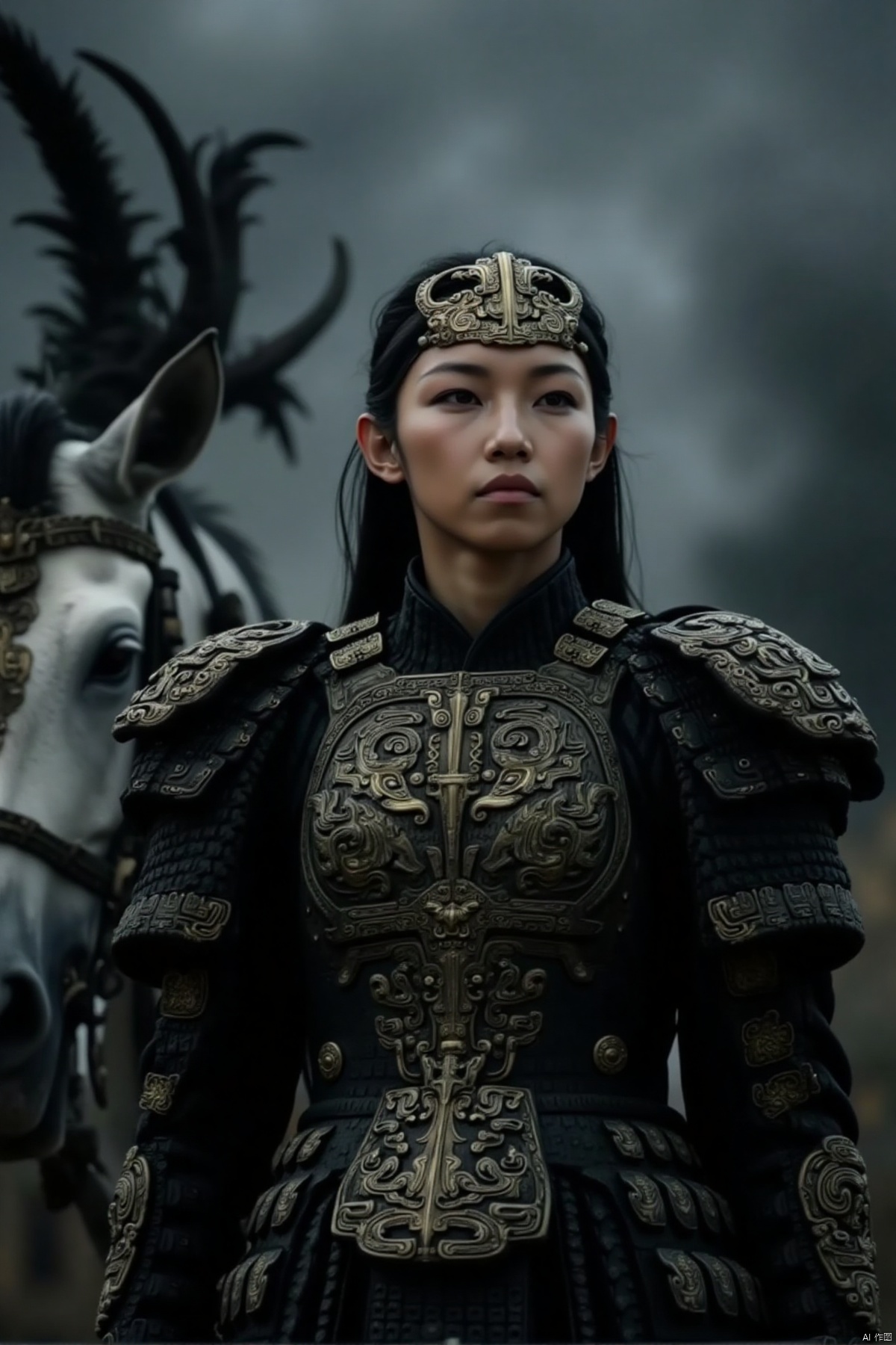 Captured in a low-angle perspective, a young Asian woman dressed in a black and gold armor, adorned with a crown on her head, stands in front of a white horse. The backdrop is blurred, creating a stark contrast to the woman's outfit. The woman's gaze is directed towards the left side of the frame, adding a touch of focus to the scene.