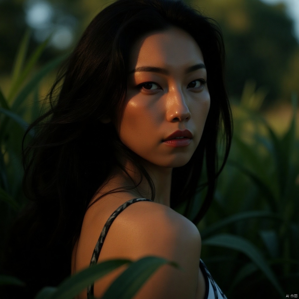  (RAW photo, 4k, realistic, exquisitely detailed skin),masterpiece,best quality,unity 8k wallpaper,ultra detailed,cinematic look,natural skin texture,extremely realistic skin texture,finely detailed face,(film grain:1.2),cinematic angle,Fujifilm XT3,,(highlydetailed),(bright scene),(A serene portrait of a stunning woman, gazing directly into the lens with an air of detachment, her piercing eyes seemingly oblivious to the viewer's presence. Soft, natural lighting casts a warm glow on her porcelain skin, while her raven tresses cascade down her back like a waterfall of night. Her lips, painted a subtle crimson, curve into a gentle, enigmatic smile, hinting at secrets kept behind an impenetrable facade.),(detailed lighting),(contrast),(mysterious atmosphere),,vivid illumination,,masterful technique,,harmonious composition,,immersive atmosphere,,stunning visuals,The bold emblazoned words SUNSHINE amidst lush greenery create a striking visual counterpoint to her melancholic expression, bathed in the soft glow of street lamps.