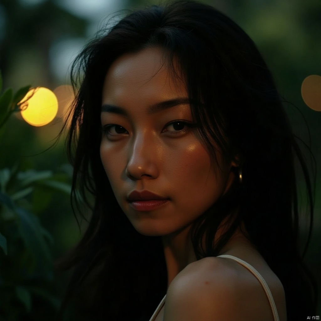  (RAW photo, 4k, realistic, exquisitely detailed skin),masterpiece,best quality,unity 8k wallpaper,ultra detailed,cinematic look,natural skin texture,extremely realistic skin texture,finely detailed face,(film grain:1.2),cinematic angle,Fujifilm XT3,,(highlydetailed),(bright scene),(A serene portrait of a stunning woman, gazing directly into the lens with an air of detachment, her piercing eyes seemingly oblivious to the viewer's presence. Soft, natural lighting casts a warm glow on her porcelain skin, while her raven tresses cascade down her back like a waterfall of night. Her lips, painted a subtle crimson, curve into a gentle, enigmatic smile, hinting at secrets kept behind an impenetrable facade.),(detailed lighting),(contrast),(mysterious atmosphere),,vivid illumination,,masterful technique,,harmonious composition,,immersive atmosphere,,stunning visuals,The bold emblazoned words SUNSHINE amidst lush greenery create a striking visual counterpoint to her melancholic expression, bathed in the soft glow of street lamps.