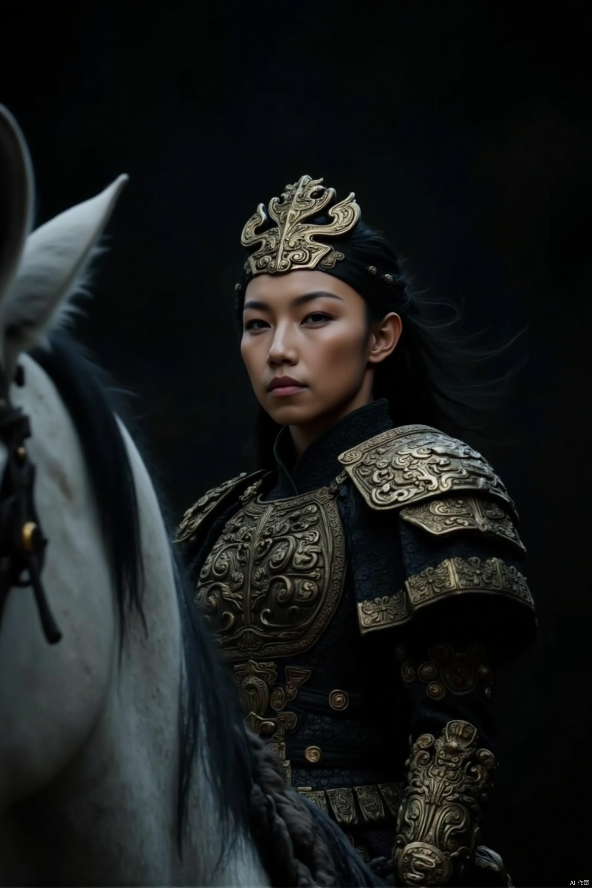 Captured in a low-angle perspective, a young Asian woman dressed in a black and gold armor, adorned with a crown on her head, stands in front of a white horse. The backdrop is blurred, creating a stark contrast to the woman's outfit. The woman's gaze is directed towards the left side of the frame, adding a touch of focus to the scene.