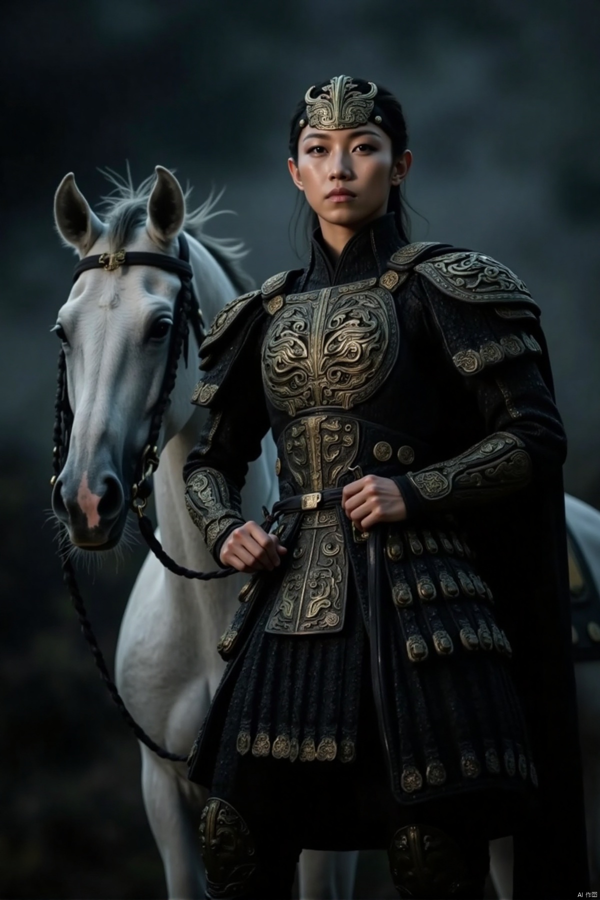 Captured in a low-angle perspective, a young Asian woman dressed in a black and gold armor, adorned with a crown on her head, stands in front of a white horse. The backdrop is blurred, creating a stark contrast to the woman's outfit. The woman's gaze is directed towards the left side of the frame, adding a touch of focus to the scene.