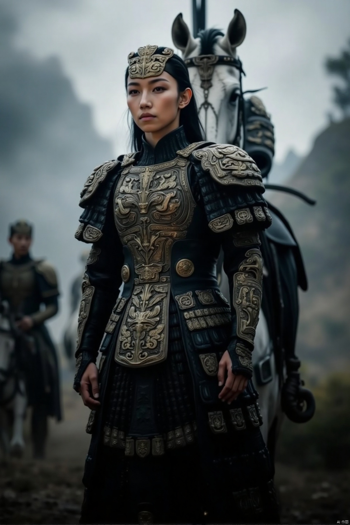 Captured in a low-angle perspective, a young Asian woman dressed in a black and gold armor, adorned with a crown on her head, stands in front of a white horse. The backdrop is blurred, creating a stark contrast to the woman's outfit. The woman's gaze is directed towards the left side of the frame, adding a touch of focus to the scene.