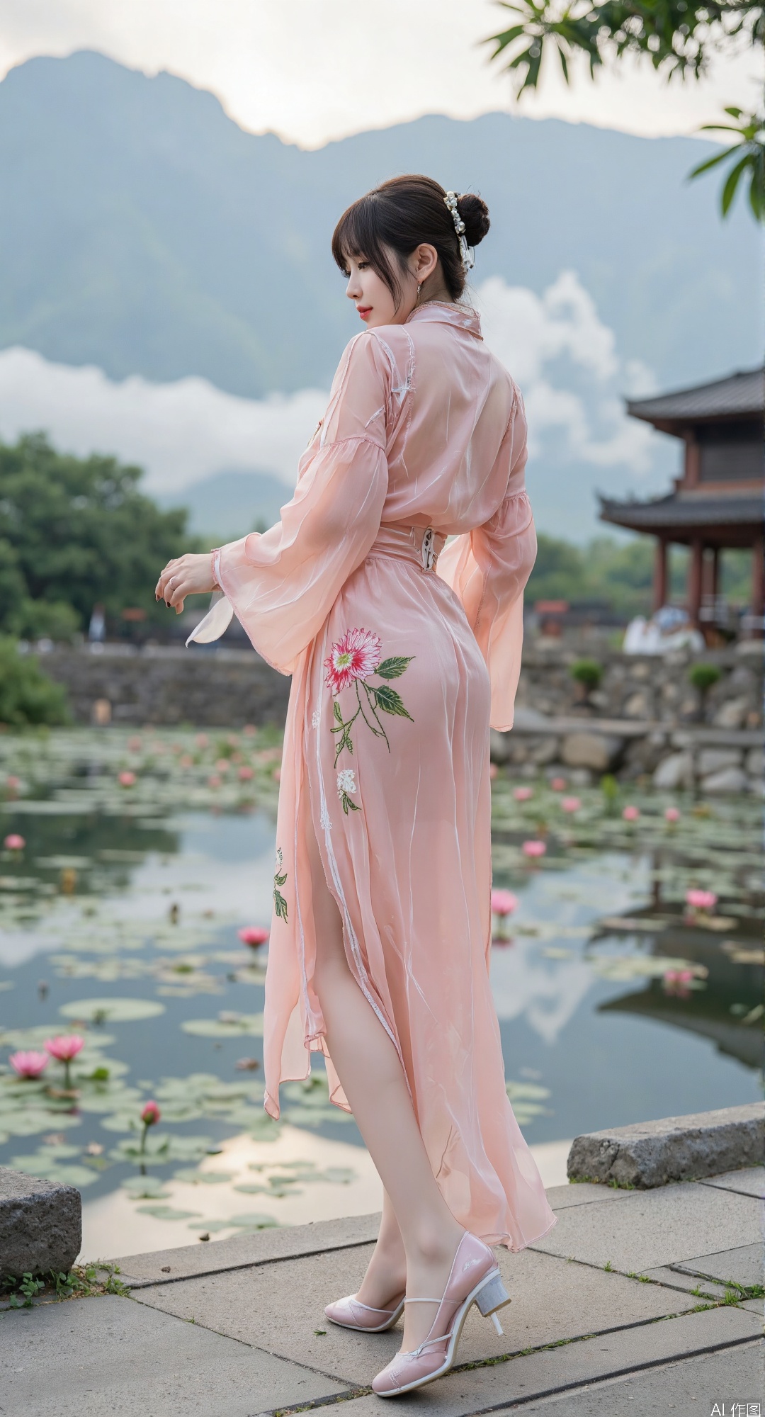 (Chinese ink painting:1.4), flowing silk transparent hanfu with peony embroidery, transparent pao,(floating ink ribbons:1.3), misty mountain landscape, moon gate ruins, (glowing calligraphy stockings:1.2), jade-inlaid shoes reflecting lotus ponds, low angle perspective, 18-year-old girl, super long legs, (Song dynasty aesthetics:1.3), delicate pearl hairpin,