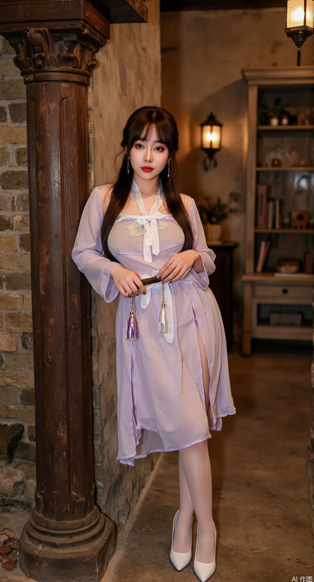 A woman wearing a light purple sheer dress (white bows, delicate patterns) leans against a carved wooden pillar in an ancient-style attic. Holding an object with tassels, she pairs white high-heeled shoes and thigh-high stockings. Adopt a medium-shot approach, capturing the dim warm lighting of the attic—antique shelves and traditional lanterns in the background—emphasizing retro ambiance and fabric details.