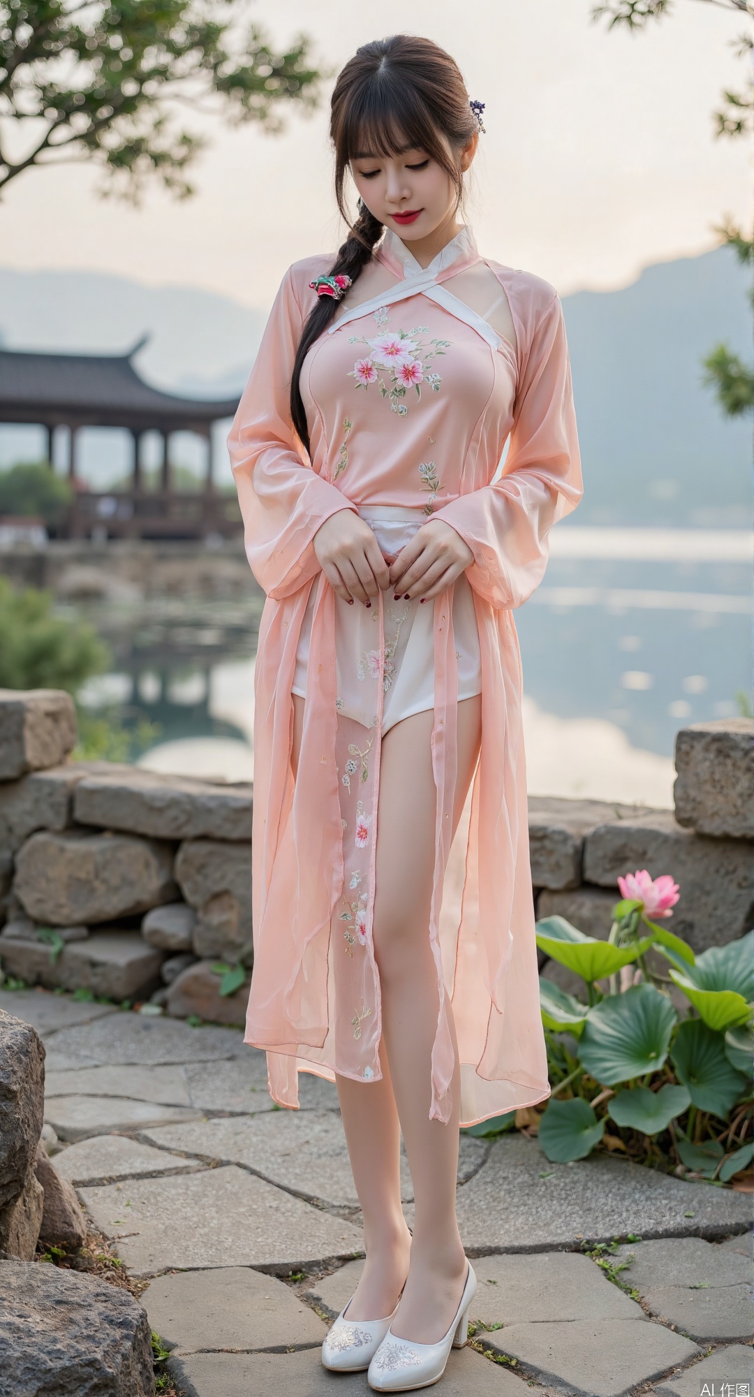(Chinese ink painting:1.4), flowing silk transparent hanfu with peony embroidery, transparent pao,(floating ink ribbons:1.3), misty mountain landscape, moon gate ruins, (glowing calligraphy stockings:1.2), jade-inlaid shoes reflecting lotus ponds, low angle perspective, 18-year-old girl, super long legs, (Song dynasty aesthetics:1.3), delicate pearl hairpin,
