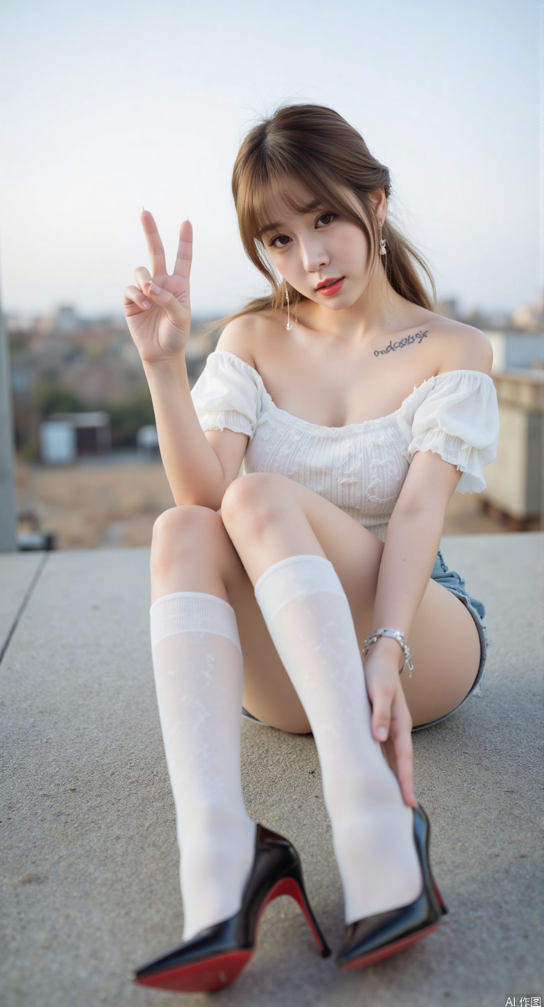 yoneyama mai,ddxg,(Yoneyama Mai:0.5),proper body proportions,see-through,outstanding style,cute,in her teens,Use soft lighting to cast gentle shadows on the subject,adding a touch of dimension to your images without compromising details,whirls of vapor,(iridescent textures:1),(Anime:1.1),soft neon light,ethereal ambiance,magical atmosphere,concept art,golden hour,translucent,shimmering lights,stunning,textured skin,soft,expressive,fine art,depth of field,extreme aesthetics,masterpiece,best quality,ultra HD,32K resolution,sharp focus,exquisite details,high-end texture,fashion photography,cinematic perspectives,rich colors,splash palette,advertising style,magazine cover,tension composition,emotional masterpiece,newest,dynamic & dutch angles,perspective composition,(Quasarcake:0.7),(Wlop:0.6),(Honjou Raita, Lack, Rellea, Wanke:0.5),(Nakamura_Regura:0.5),1girl,solo,light brown hair,long hair,twintails,hair ornament,hair clip,hair between eyes,green eyes,tube top,bare shoulder,small breast,navel,short skirt,(white knee-high socks:1.3),no shoe,sitting on roof,Futurist Chinese architecture,cowbody shot,plump,voluptuous,outdoor,sky,white cloud,happy,V,(Prefect Eyes:1.6),look at viewer,collarbone,
,high-heel,skinny,Full body photo,
