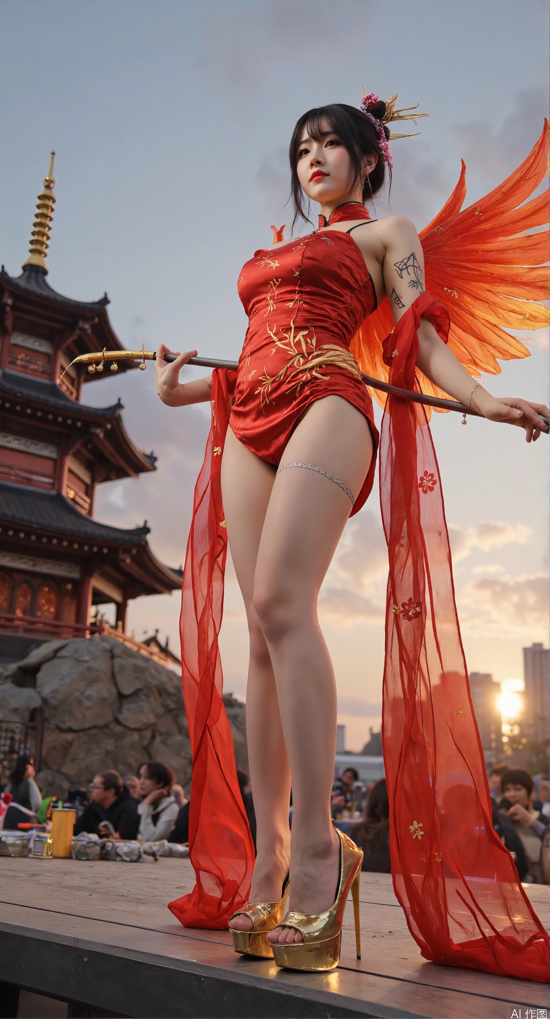 extremely detailed CG, (Chinese phoenix theme:1.4), burning feather armor, bamboo fiber garters, nine suns sky, collapsed pagoda, cherry blossom flames, (celestial constellation tattoos:1.2), silk stockings with golden pollen, LED platform shoes, low angle shot, 18-year-old girl, super long legs, mythical warfare,tyz