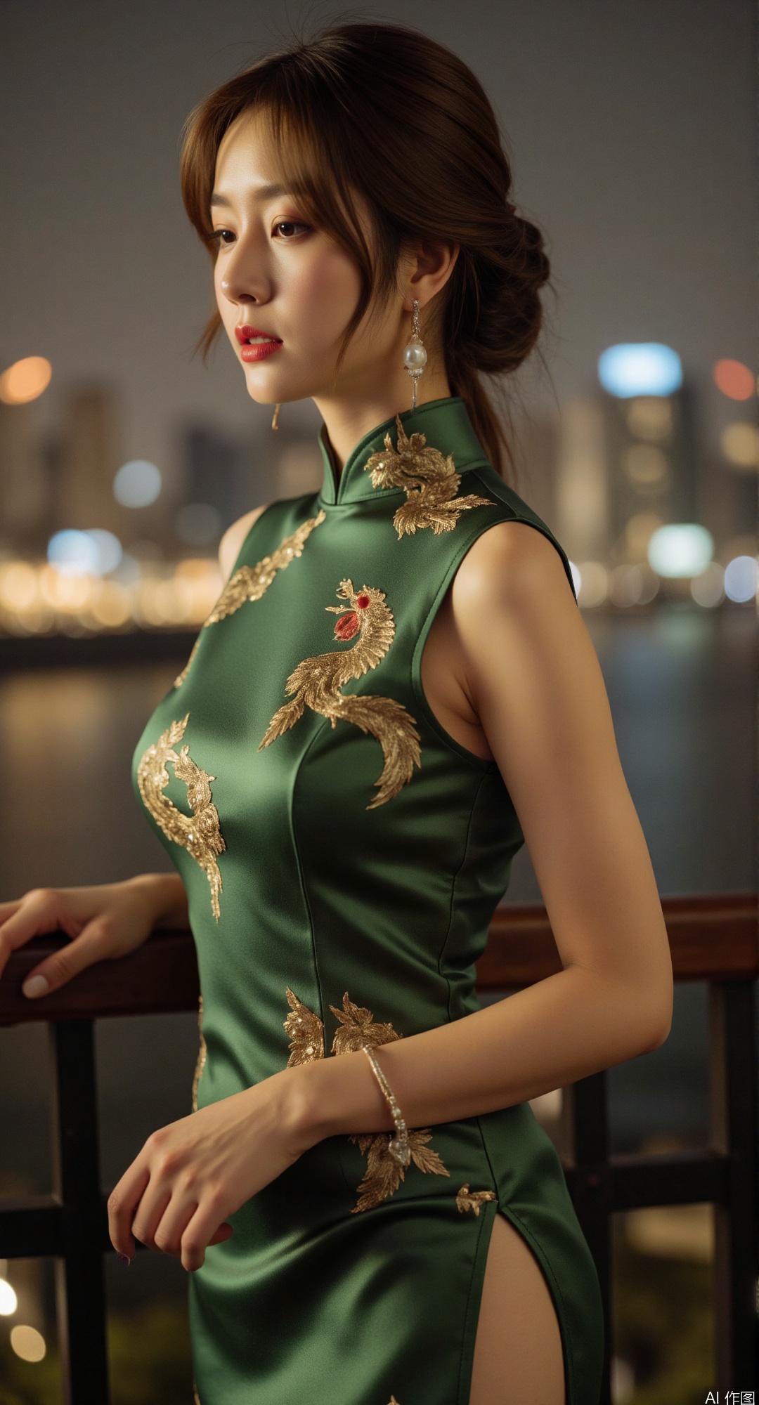 **"Jade and Silk Luminescence"**  
   *(Ultra-detailed qipao glamour)*  
   A young Shanghai socialite in a jade-green silk satin qipao with intricate phoenix embroidery, wearing pearlescent jadeite earrings, standing on the balcony of Art Deco hotel. Soft golden lighting illuminates her marcel-waved hairstyle. Background shows 1930s Bund nightscape with neon-lit cruise ships. Style: muted sepia tones with cinematic color grading, vintage film grain texture.  