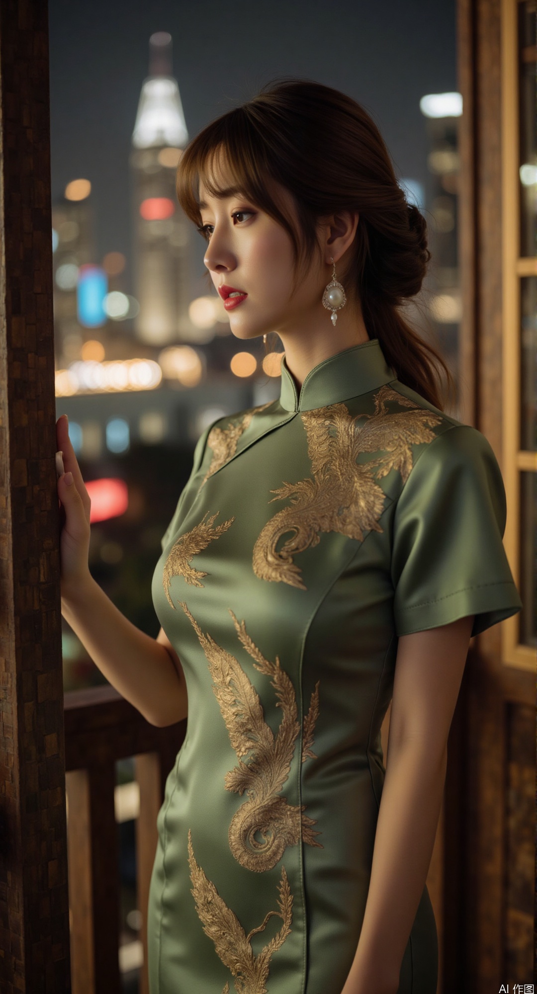 **"Jade and Silk Luminescence"**  
   *(Ultra-detailed qipao glamour)*  
   A young Shanghai socialite in a jade-green silk satin qipao with intricate phoenix embroidery, wearing pearlescent jadeite earrings, standing on the balcony of Art Deco hotel. Soft golden lighting illuminates her marcel-waved hairstyle. Background shows 1930s Bund nightscape with neon-lit cruise ships. Style: muted sepia tones with cinematic color grading, vintage film grain texture.  