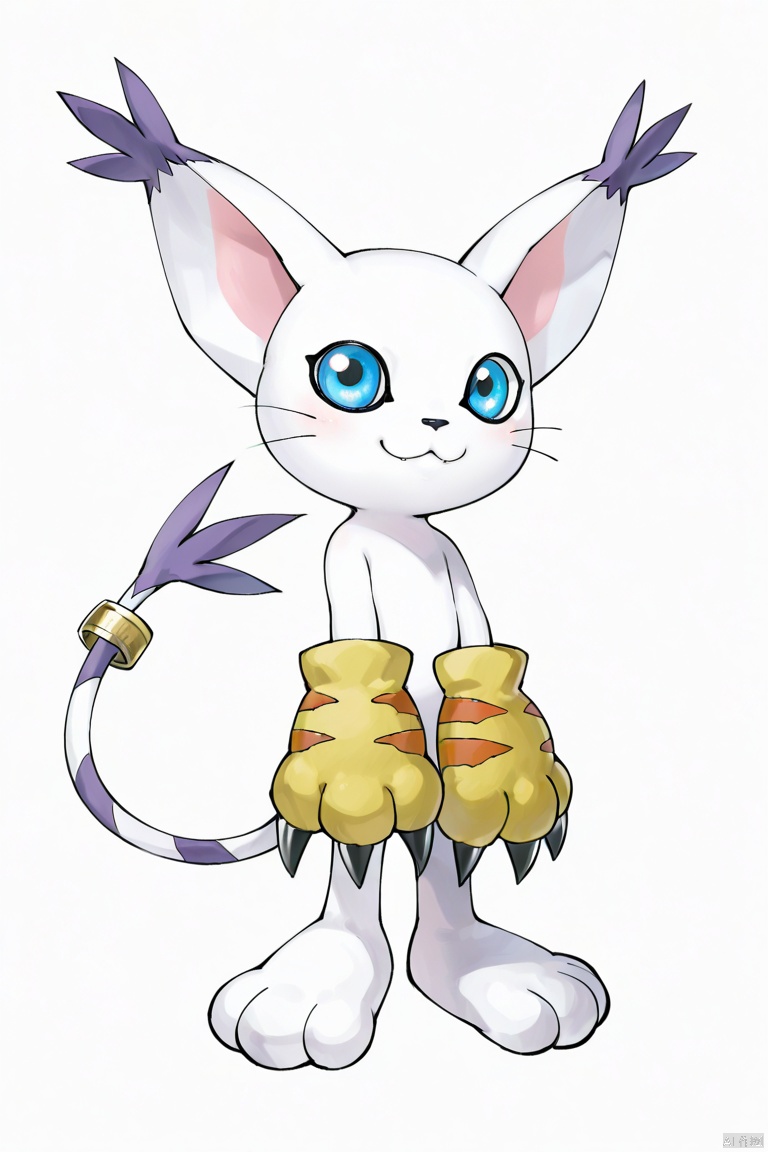 masterpiece, best quality, high quality, Tailmon \(Digimon\), solo, looking at viewer, smile, blue eyes, simple background, gloves, white background, animal ears, standing, tail, full body, cat ears, cat tail, no humans, :3, claws, animal hands, tail ornament, creature, paw gloves, whiskers, tail ring,