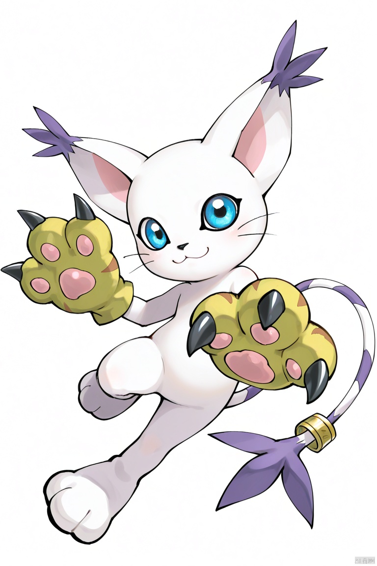 masterpiece, best quality, high quality, Tailmon \(Digimon\), solo, looking at viewer, smile, blue eyes, simple background, gloves, white background, animal ears, tail, full body, cat ears, cat tail, no humans, :3, claws, animal hands, tail ornament, creature, paw gloves, whiskers, tail ring,