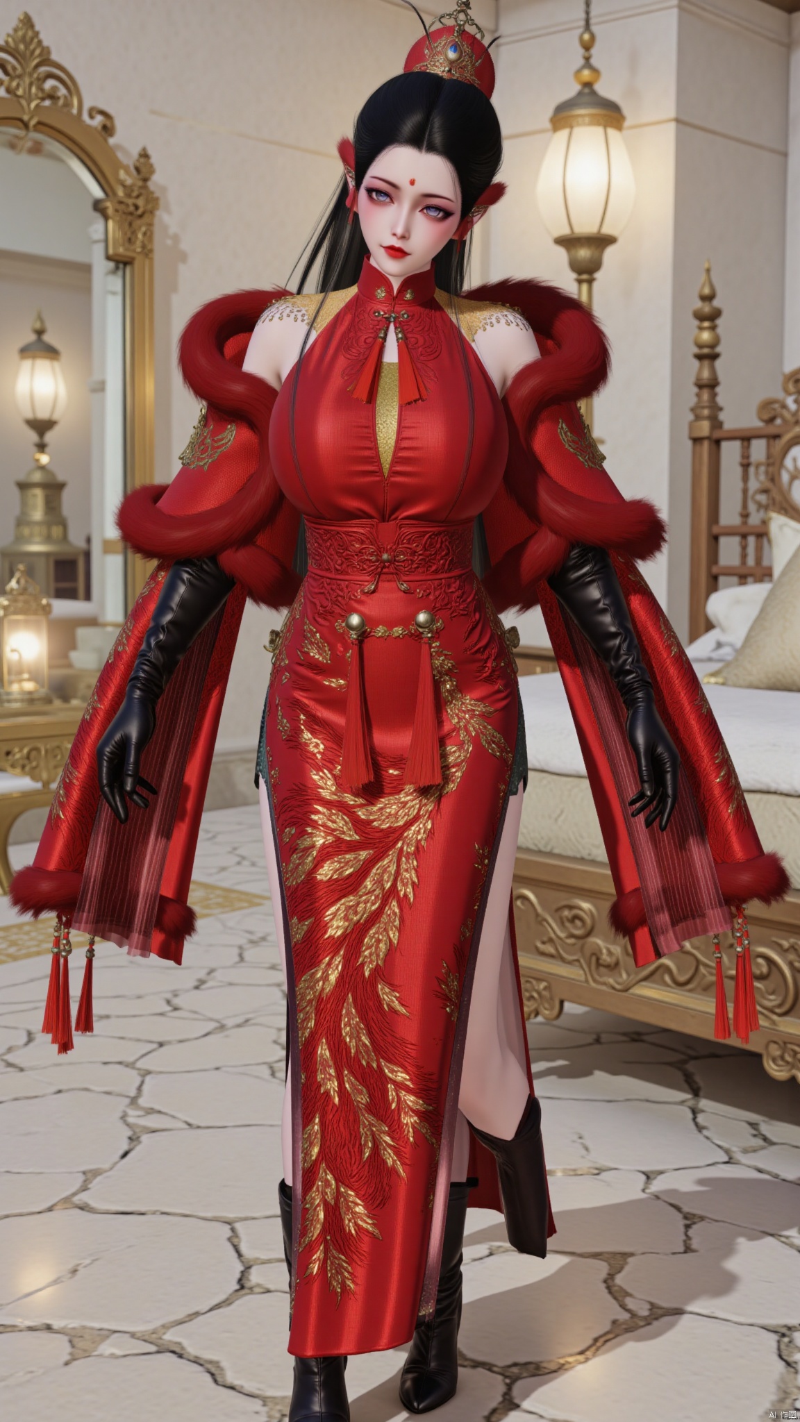 best quality,realistic,Hugebr,huge breasts,huge buttocks,1girl,solo,black hair,hair ornament,tassel,gloves,black gloves,long sleeves,detached sleeves,red dress,chinese clothes,china dress,jewelry,black high heels,butterfly,lying,on the bed,bed,indoors,modern home background,Hugebr,YMJHyubichaoyang,luxueqi