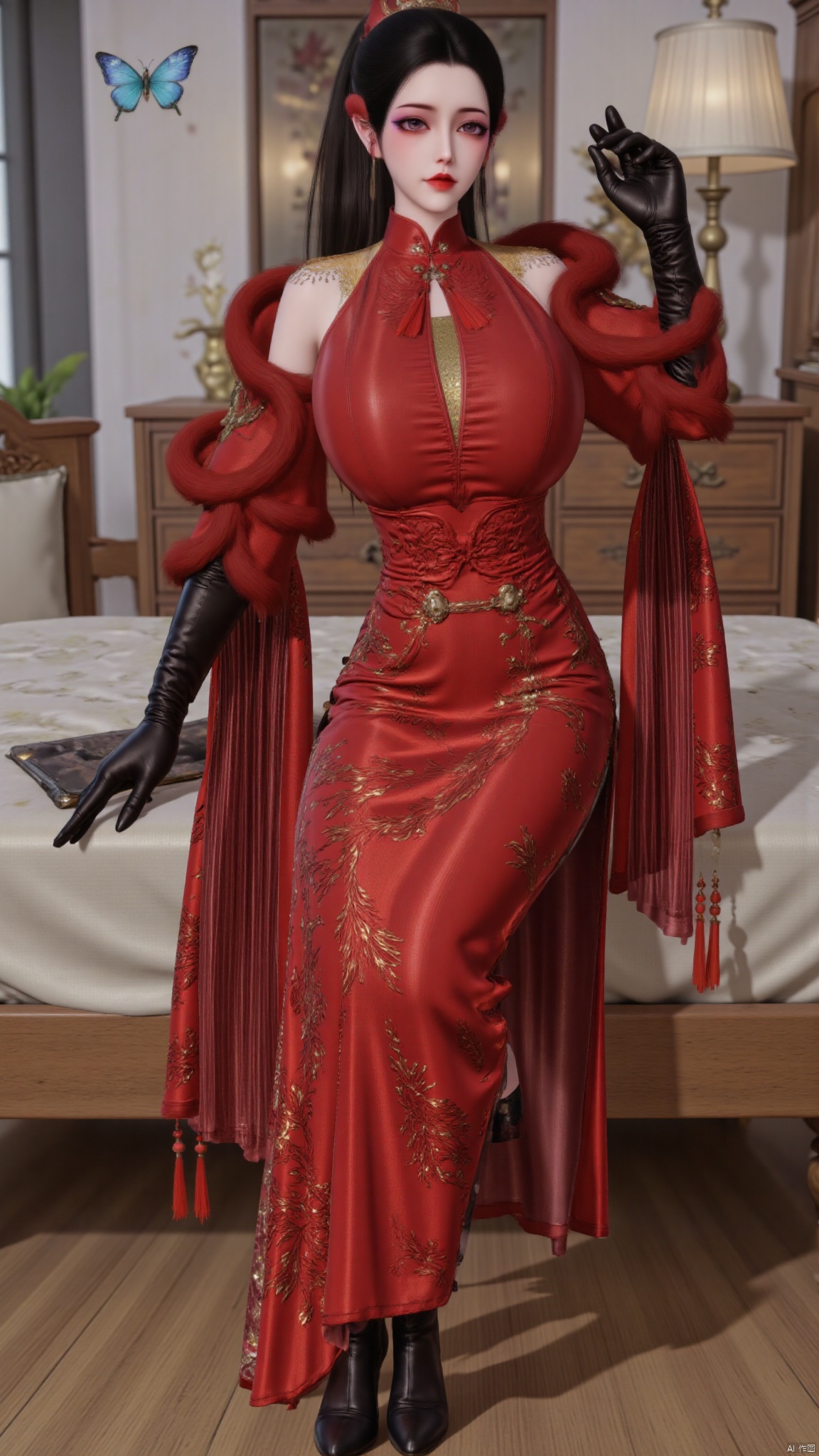best quality,realistic,Hugebr,huge breasts,huge buttocks,1girl,solo,black hair,hair ornament,tassel,gloves,black gloves,long sleeves,detached sleeves,red dress,chinese clothes,china dress,jewelry,black high heels,butterfly,sitting on the bed,bed,indoors,modern home background,Hugebr,YMJHyubichaoyang,luxueqi,QipaoQ