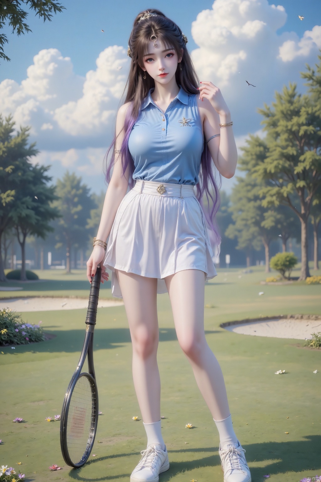 Masterpiece, the best quality, high quality, (colorful) , big breasts,,(purple hair:1.4),(long legs:1.3),1girl, solo, long hair, breasts, looking at viewer, skirt, brown hair, shirt, holding, brown eyes, jewelry, medium breasts, closed mouth, standing, full body, outdoors, sky, shoes, sleeveless, day, socks, collared shirt, hand up, nail polish, blurry, bracelet, blue sky, lips, sleeveless shirt, blurry background, shadow, white footwear, white skirt, grass, blue shirt, white socks, sneakers, red nails, sportswear, realistic, visor cap, red lips, tennis uniform, racket, tennis racket, polo shirt, golf club