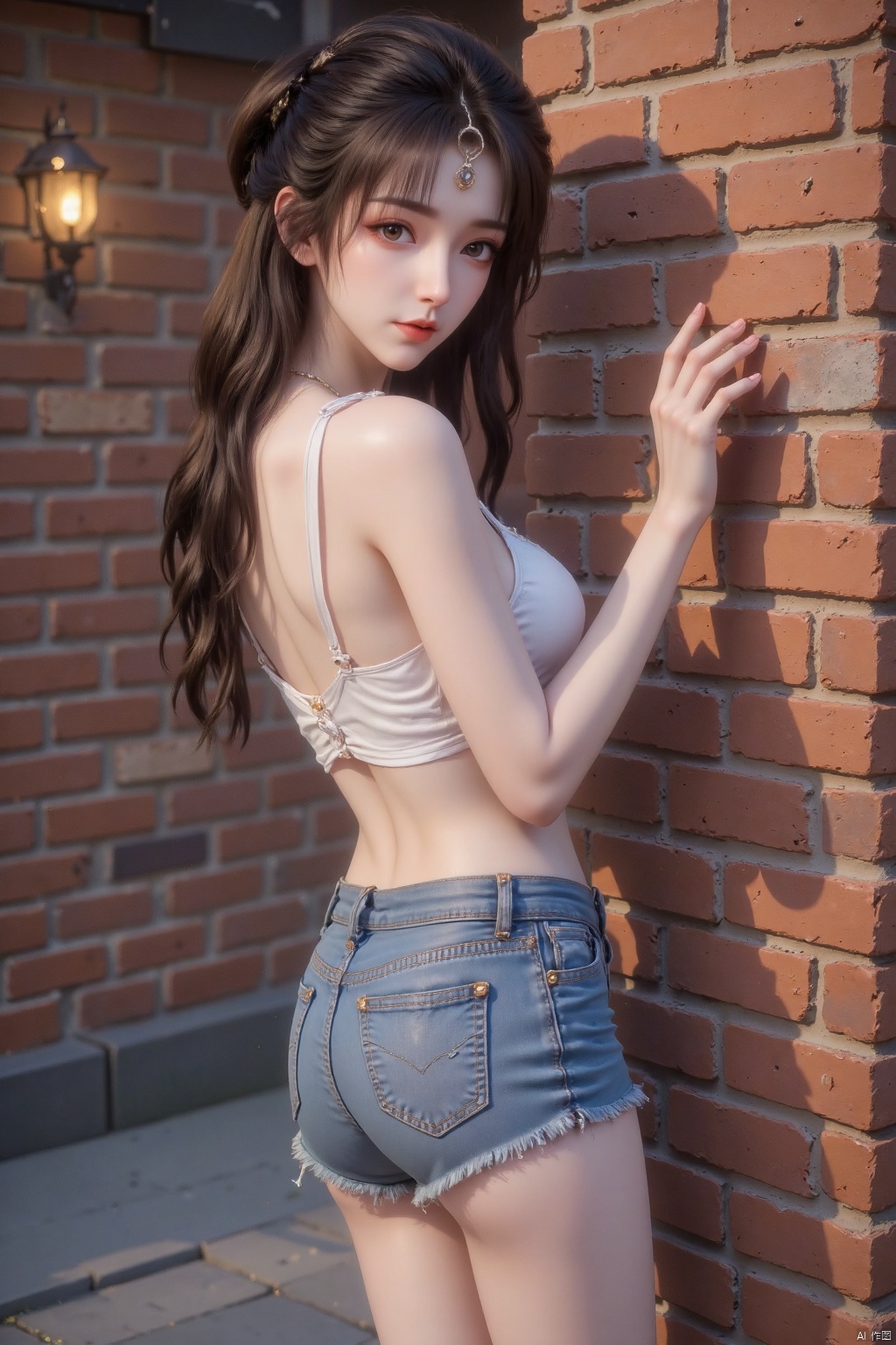 Masterpiece, best quality, high quality, (colorful), medium chest, (black hair: 1.4), (long legs: 1.3), A captivating beauty, with sun-kissed skin and flowing raven-black hair, leans gracefully against a rustic brick wall. She's donning a white, backless **** top that clings to her exceptionally slender waist, revealing a hint of her smooth back. The top is paired with form-fitting denim hot shorts that accentuate her long, toned legs. Her posture, with one leg slightly bent and her arms reaching upwards to touch the wall, exudes a sense of casual elegance. Her head is turned slightly, casting a mysterious glance over her shoulder, lips painted a soft shade of coral.