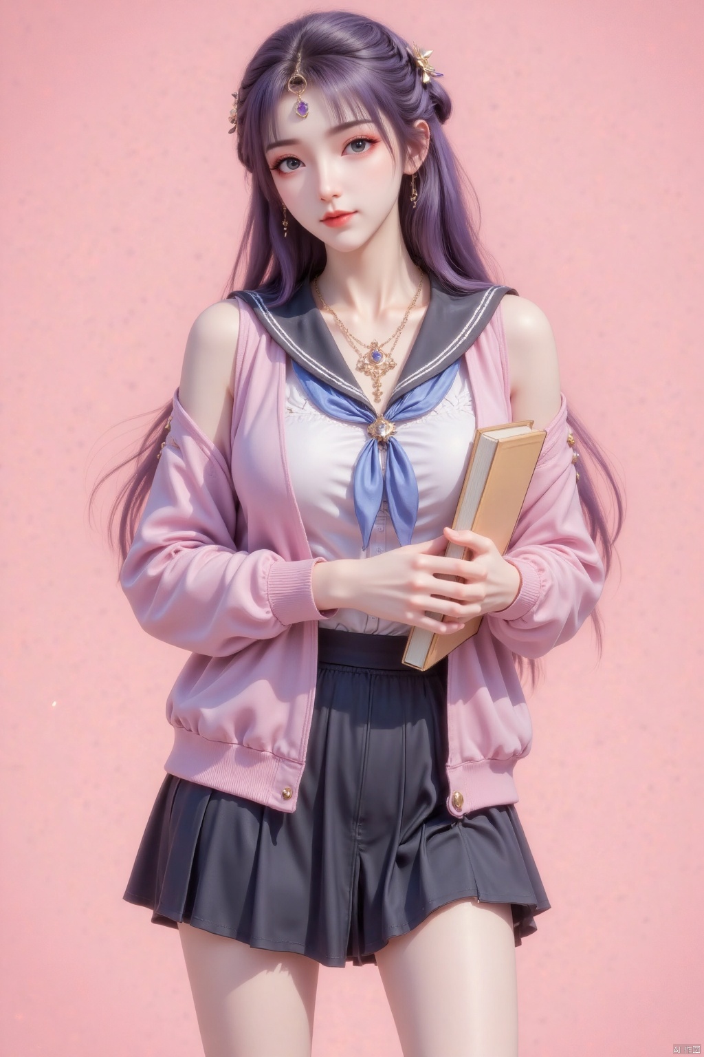 Masterpiece, the best quality, high quality, (colorful) , big breasts,,(purple hair:1.4),(long legs:1.3),1girl, solo, long hair, looking at viewer, blush, smile, bangs, skirt, shirt, hair ornament, long sleeves, holding, hair between eyes, very long hair, closed mouth, school uniform, white eyes, jacket, white shirt, upper body, ahoge, white hair, open clothes, , serafuku, hairclip, puffy sleeves, sailor collar, off shoulder, star \(symbol\), open jacket, neckerchief, head tilt, sleeves past wrists, book, one side up, pink background, cardigan, puffy long sleeves, holding book, black sailor collar, star hair ornament, object hug,best quality,amazing quality,very aesthetic,absurdres,Takamiya mio