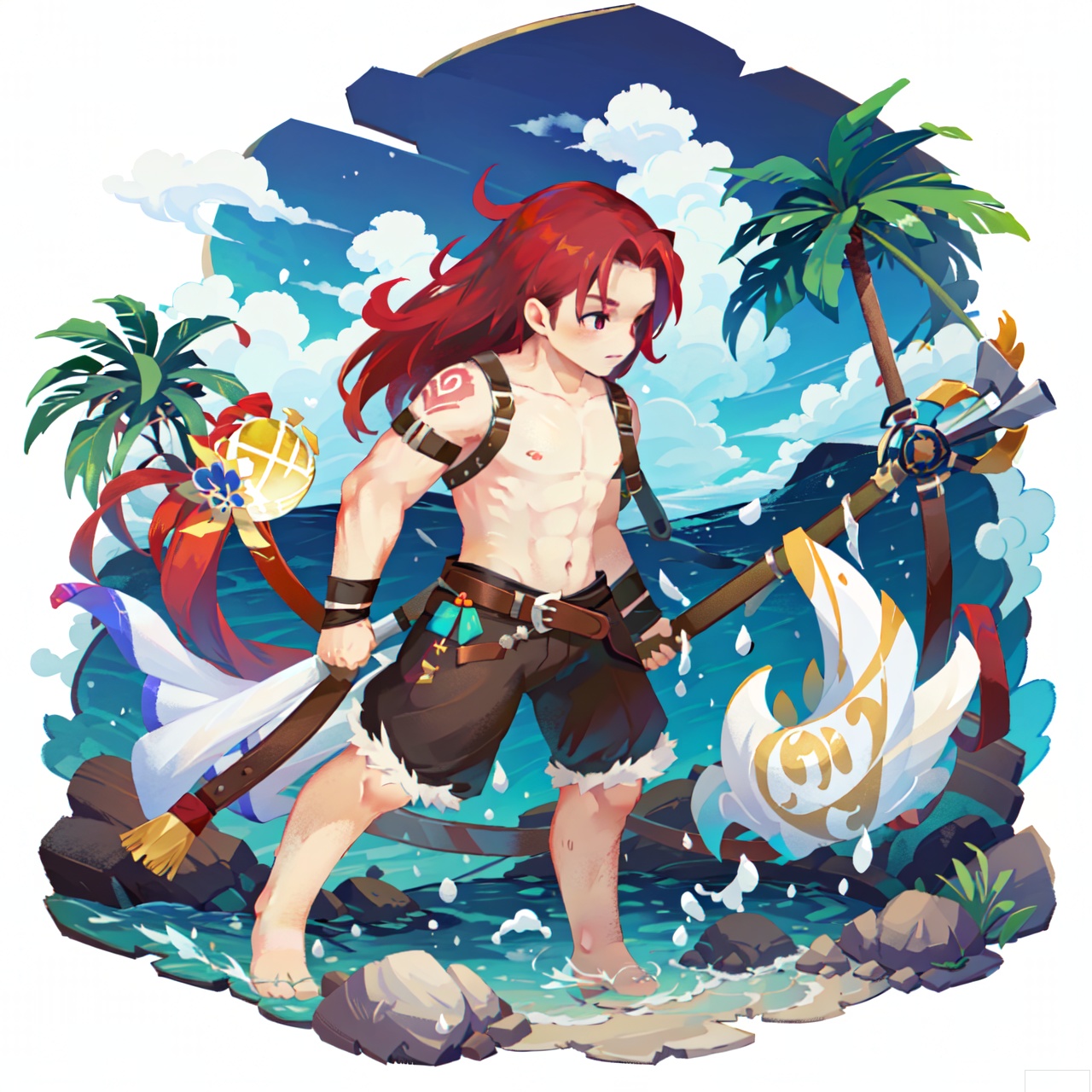 The image depicts a vibrant and dynamic scene with a muscular character wielding a large, ornate mace. The character has red hair and is shirtless, wearing a brown belt with pouches and a white cloth around the waist. The mace is emitting a stream of blue water, which is splashing around the character as they move through the water. The background features a bright, sunny sky with fluffy white clouds, and there are palm trees and a sandy beach visible, suggesting a tropical or island setting. The overall atmosphere is lively and adventurous.sdorica,(simple background,white background:1.2)