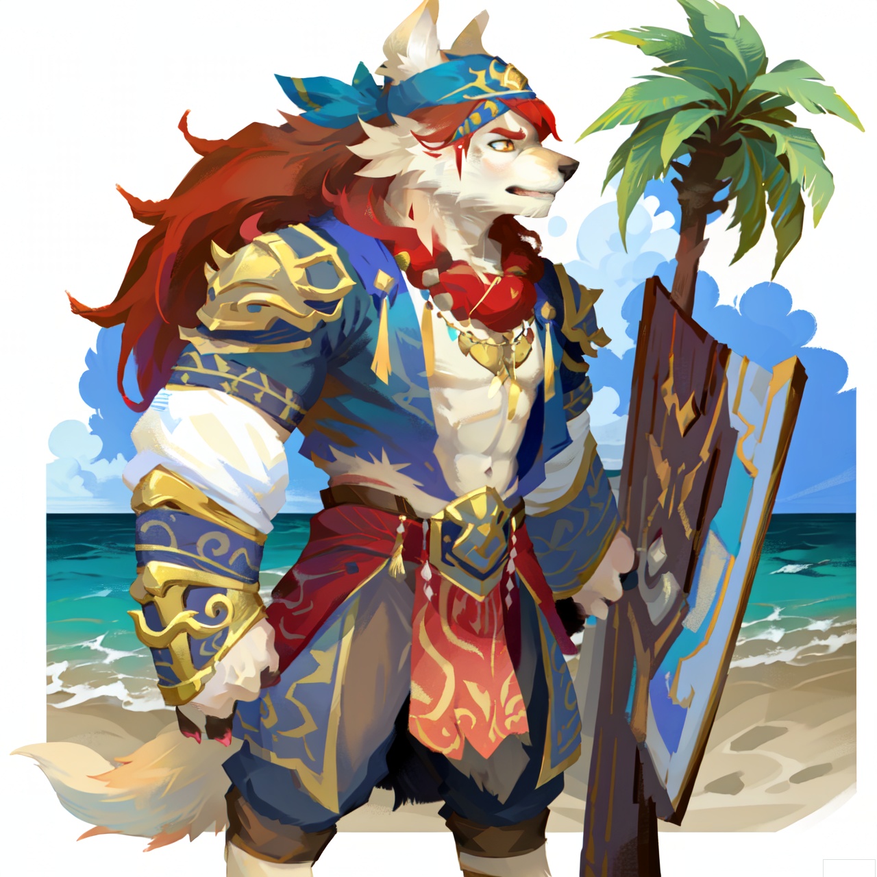 The image depicts a vibrant and dynamic scene set on a beach. In the foreground, there is a muscular anthropomorphic wolf character with long, flowing red hair and a blue headband. He is wearing a blue and white outfit adorned with gold accents and is holding a large, ornate shield decorated with intricate patterns. The character appears to be in motion, possibly charging or preparing for battle.

In the background, there are two smaller wolf-like characters, one of which is holding a smaller shield. They are standing on the sandy beach, with palm trees and a clear blue sky providing a picturesque backdrop. The ocean is visible in the distance, with gentle waves lapping against the shore.

The overall atmosphere of the image is lively and adventurous, with a focus on the central character and his companions. The use of bright colors and detailed textures adds to the sense of excitement and fantasy.sdorica,(simple background,white background:1.2)