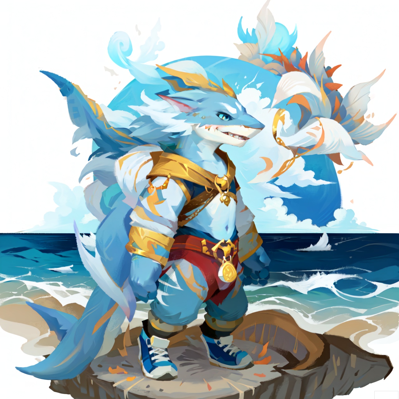 The image depicts a whimsical, stylized depiction of a shark wearing a red collar with a golden tag that reads "Shark." The shark is standing on a beach, with the ocean and waves visible in the background. The sky is filled with swirling patterns, and there are birds flying in the distance. The shark's body is covered in blue and white fur, and it is wearing large blue sneakers. The artist's signature, "HeeNRe," is visible in the bottom right corner of the image.sdorica,(simple background,white background:1.2)