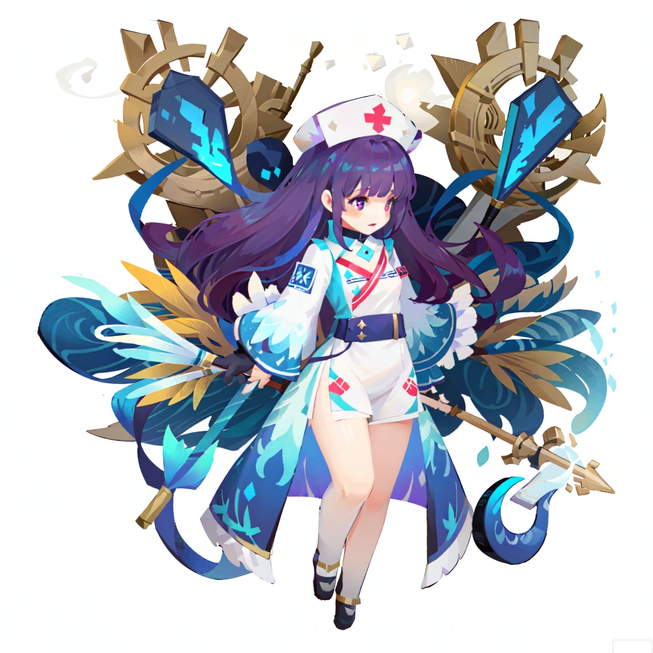 The image depicts a vibrant and dynamic scene featuring a character dressed in a blue and white outfit, reminiscent of a nurse's uniform. The character has long, flowing purple hair and is wielding a staff emitting bright, magical energy. The background is filled with swirling clouds and floating particles, creating a sense of motion and magic. The character's expression is confident and determined, suggesting they are engaged in a powerful action. The overall style is highly detailed and colorful, typical of fantasy or video game art.sdorica,(simple background,white background:1.2)