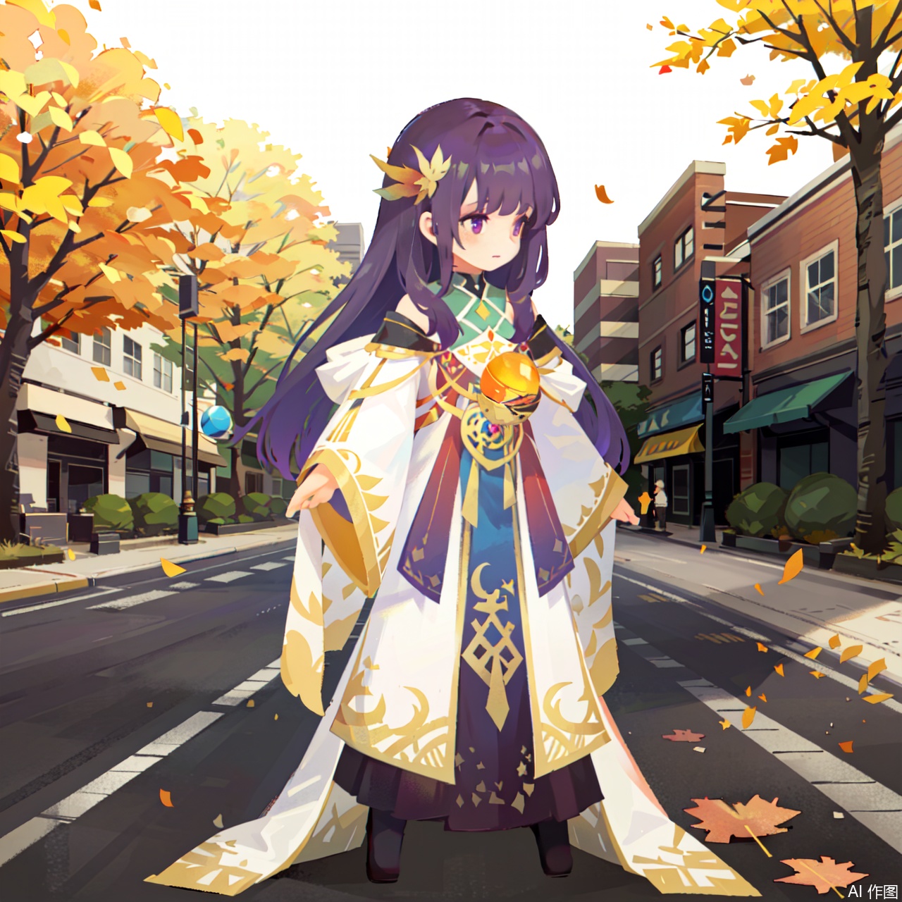 The image depicts a character with long purple hair, wearing a white and gold robe with intricate patterns. The character is standing in an urban environment with blurred buildings in the background, suggesting a city setting. The character's right hand is extended, emitting a glowing orb of light, which appears to be magical. Fallen leaves are scattered around, indicating an autumn season. The lighting is soft and warm, giving the scene a serene and magical atmosphere.sdorica,(simple background,white background:1.2)