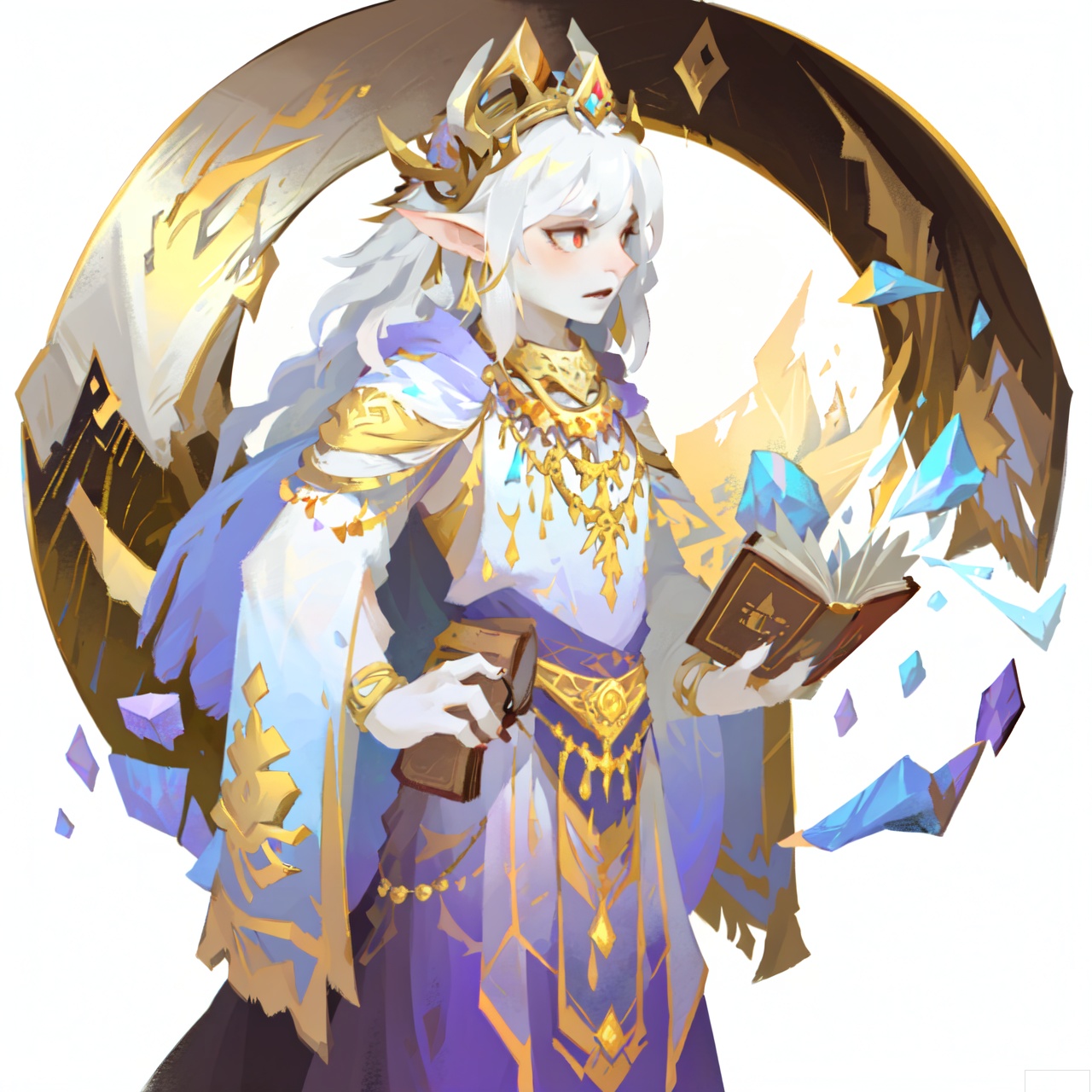 The image depicts a fantasy-themed artwork featuring a character with long, flowing white hair and a regal appearance. The character is adorned with intricate jewelry, including a golden crown and a necklace with a large pendant. They are dressed in a flowing white robe with red and gold accents, and they are holding a golden book in one hand while the other hand rests on their hip. The character is surrounded by a dark, mystical atmosphere with glowing orbs and shards of glass in the background, suggesting a magical or enchanted environment. The character's expression appears focused and determined, as if they are about to embark on a significant journey or task.sdorica,(simple background,white background:1.2)