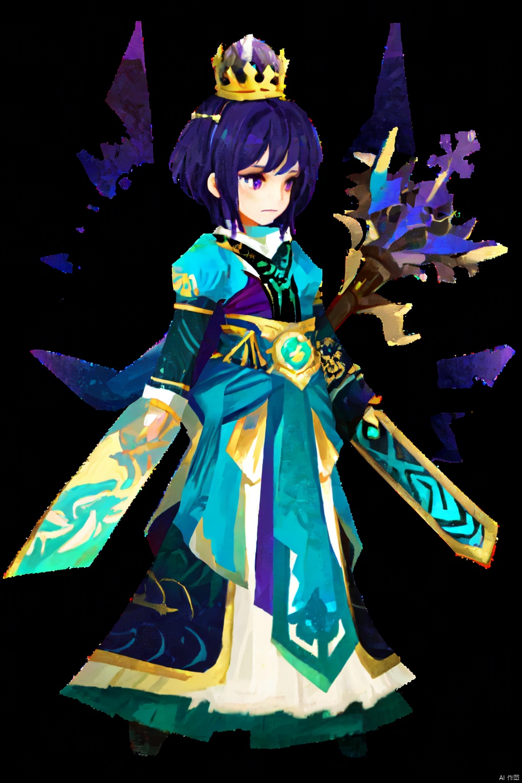 a female warrior, dressed in a dark purple outfit, stands in front of a backdrop of blue and white lights. The warrior is holding a sword in her right hand, while her left hand is positioned in the left. Her right arm is wrapped around her waist, and her left arm is draped across her body. Her head is adorned with a crown, adding a touch of power to the scene. The background is a mix of blue, white, and purple hues, creating a striking contrast to her outfit.sdorica